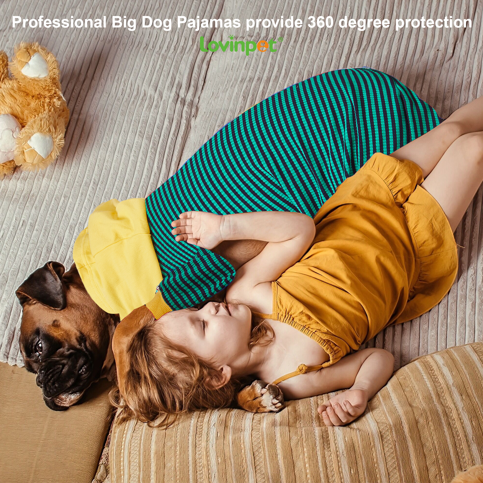 LovinPet Large Dog Hoodie - Green & Black Striped Hoodie with Yellow Accents