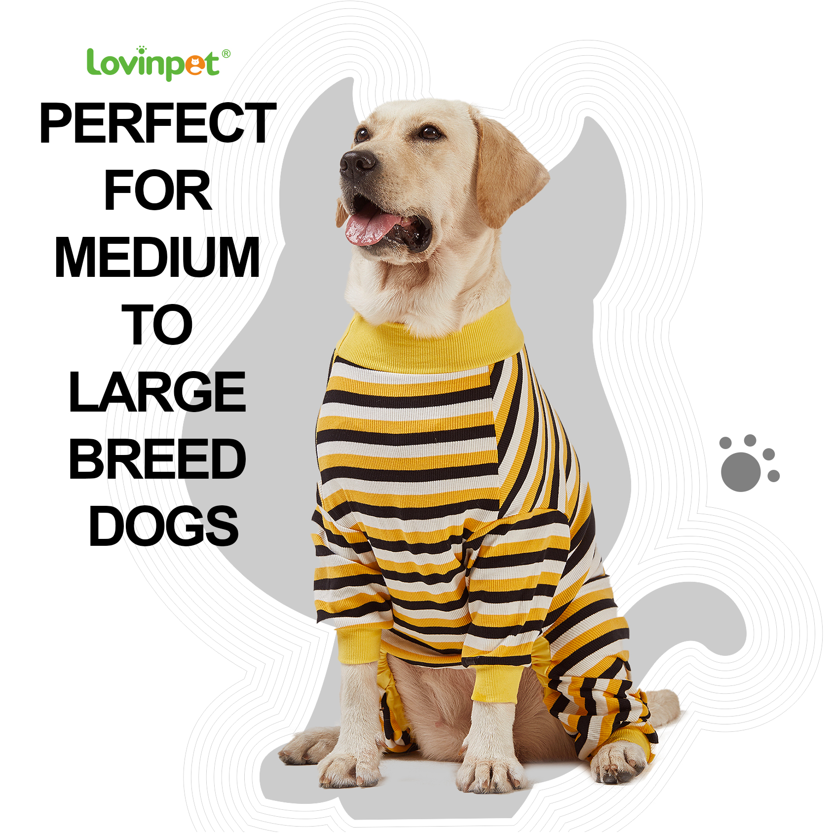 LovinPet Large Dog Pajamas Onesie - Bold Yellow Striped Design for Big Breeds