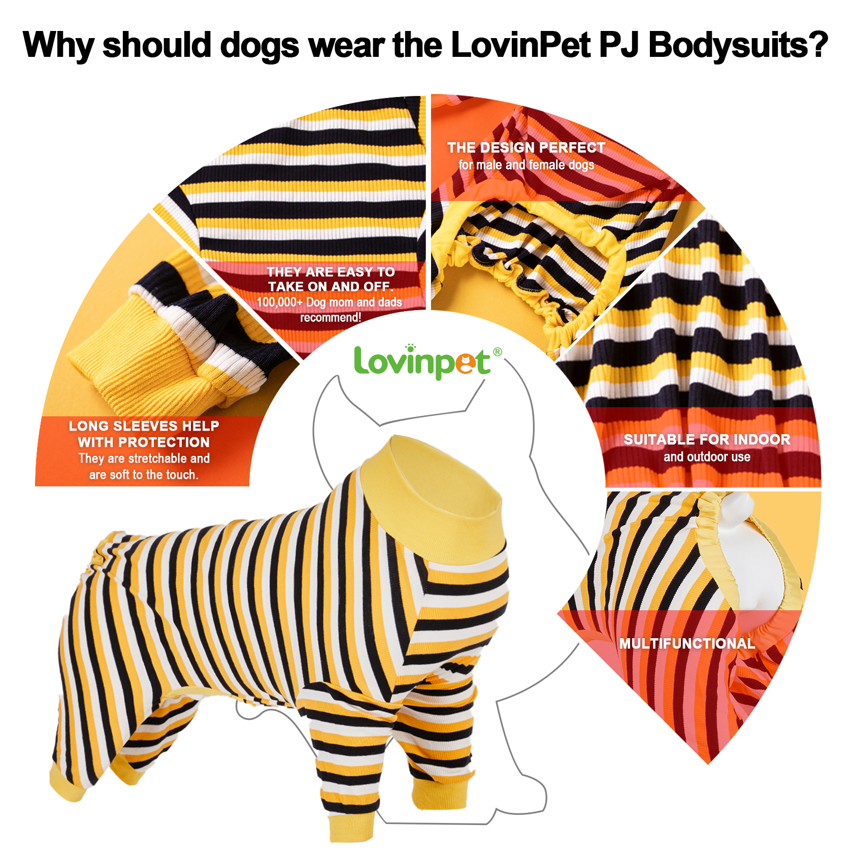LovinPet Large Dog Pajamas Onesie - Bold Yellow Striped Design for Big Breeds