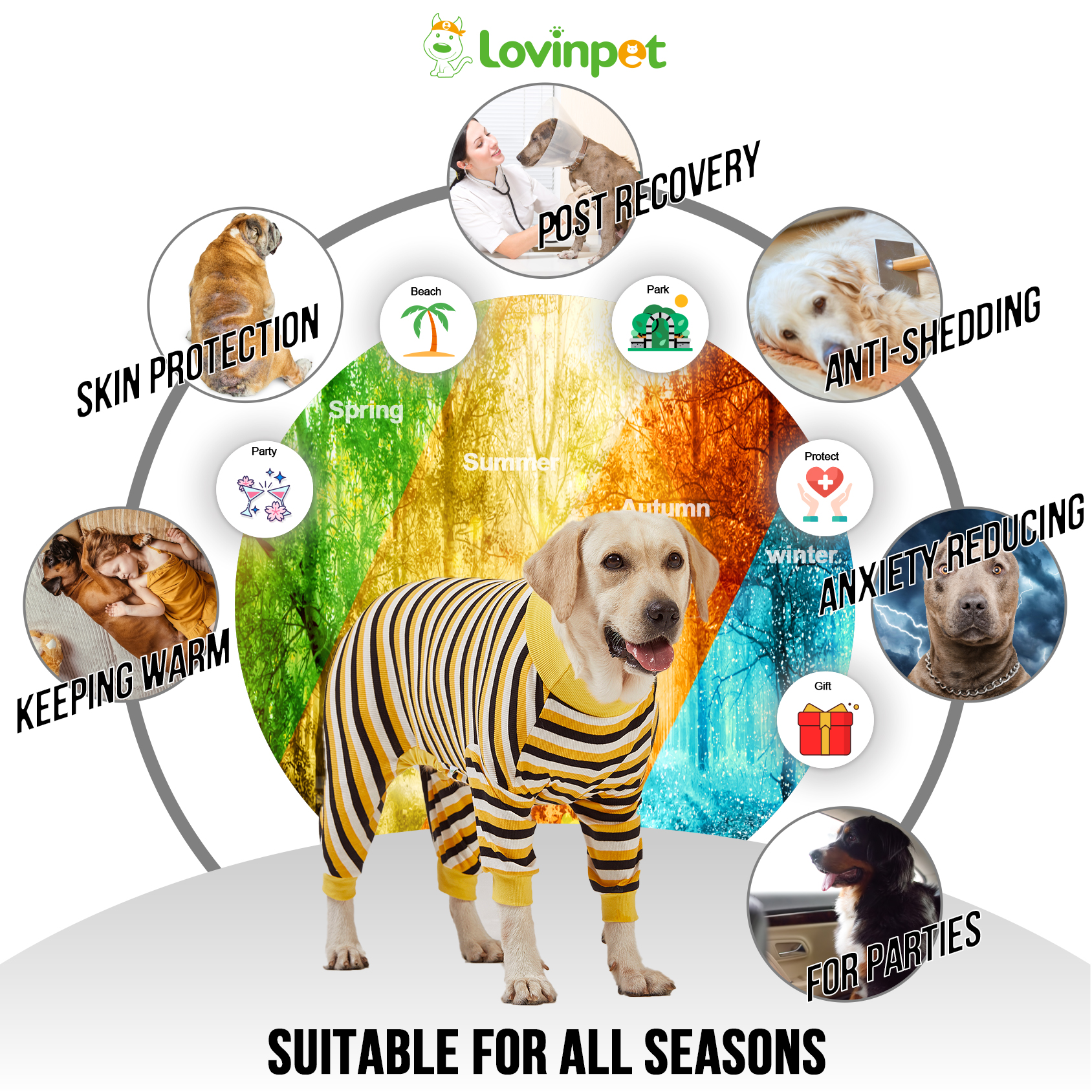LovinPet Large Dog Pajamas Onesie - Bold Yellow Striped Design for Big Breeds