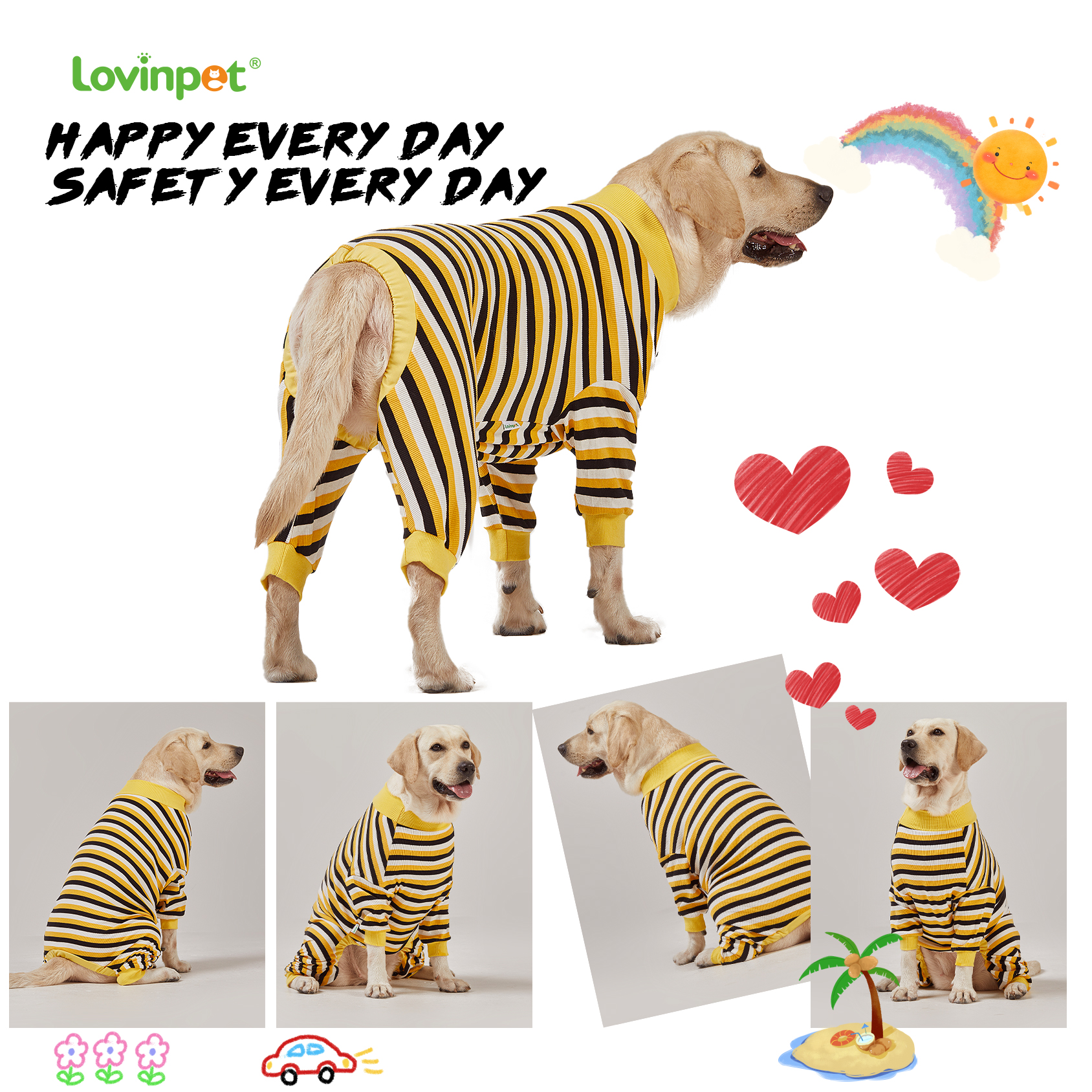 LovinPet Large Dog Pajamas Onesie - Bold Yellow Striped Design for Big Breeds
