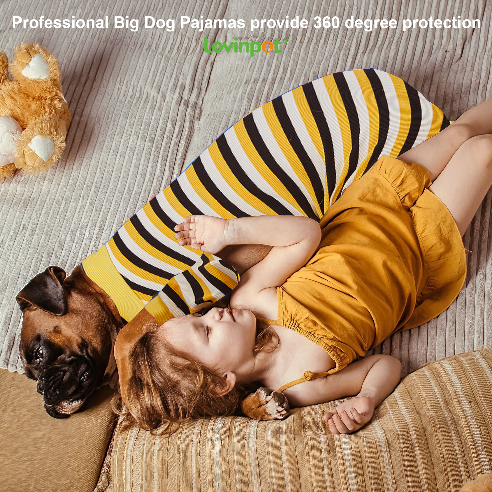 LovinPet Large Dog Pajamas Onesie - Bold Yellow Striped Design for Big Breeds