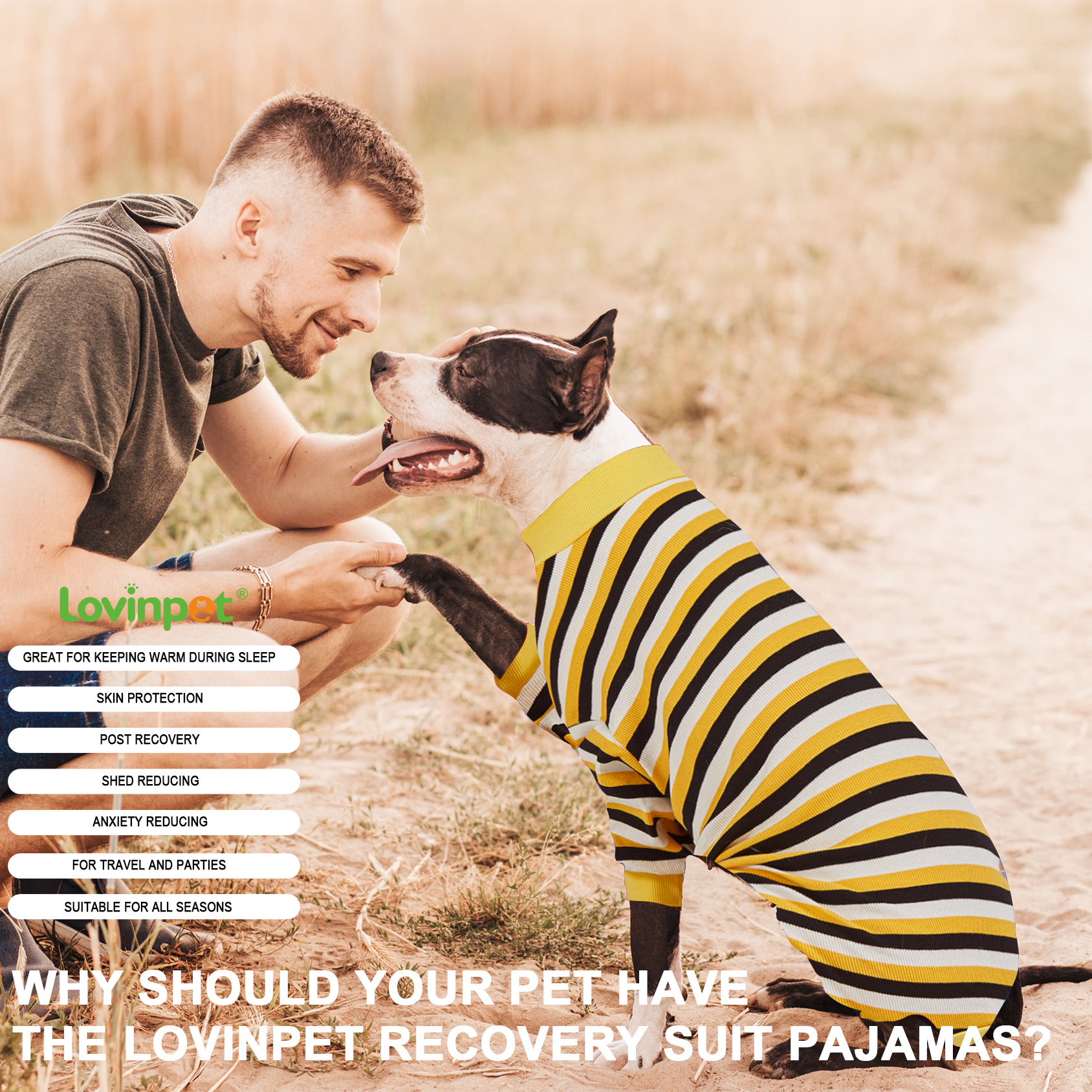 LovinPet Large Dog Pajamas Onesie - Bold Yellow Striped Design for Big Breeds