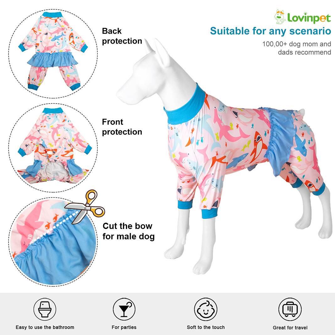 LovinPet Large Dog Pajamas Onesie with Skirt Tie - Shark & Sea Life Design