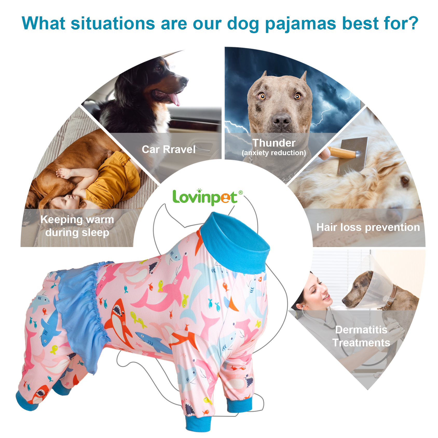 LovinPet Large Dog Pajamas Onesie with Skirt Tie - Shark & Sea Life Design