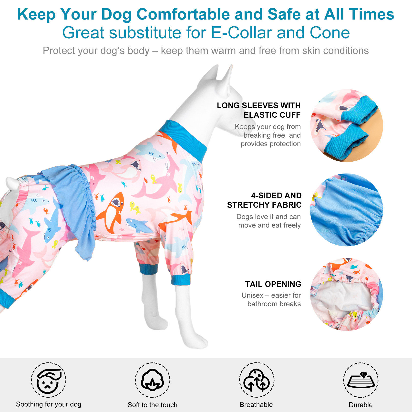 LovinPet Large Dog Pajamas Onesie with Skirt Tie - Shark & Sea Life Design