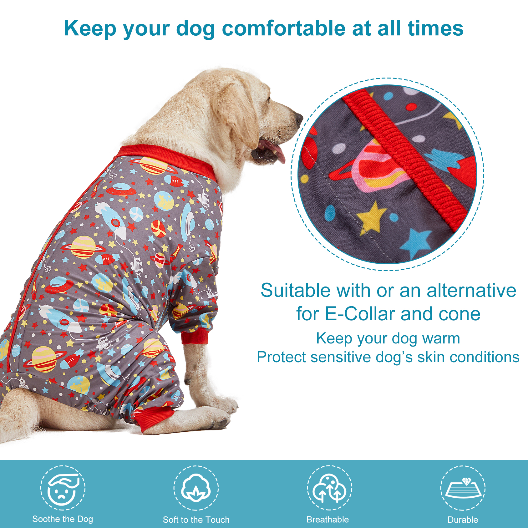LovinPet Large Dog Pajamas Onesie - Space Exploration Theme for Big Breeds