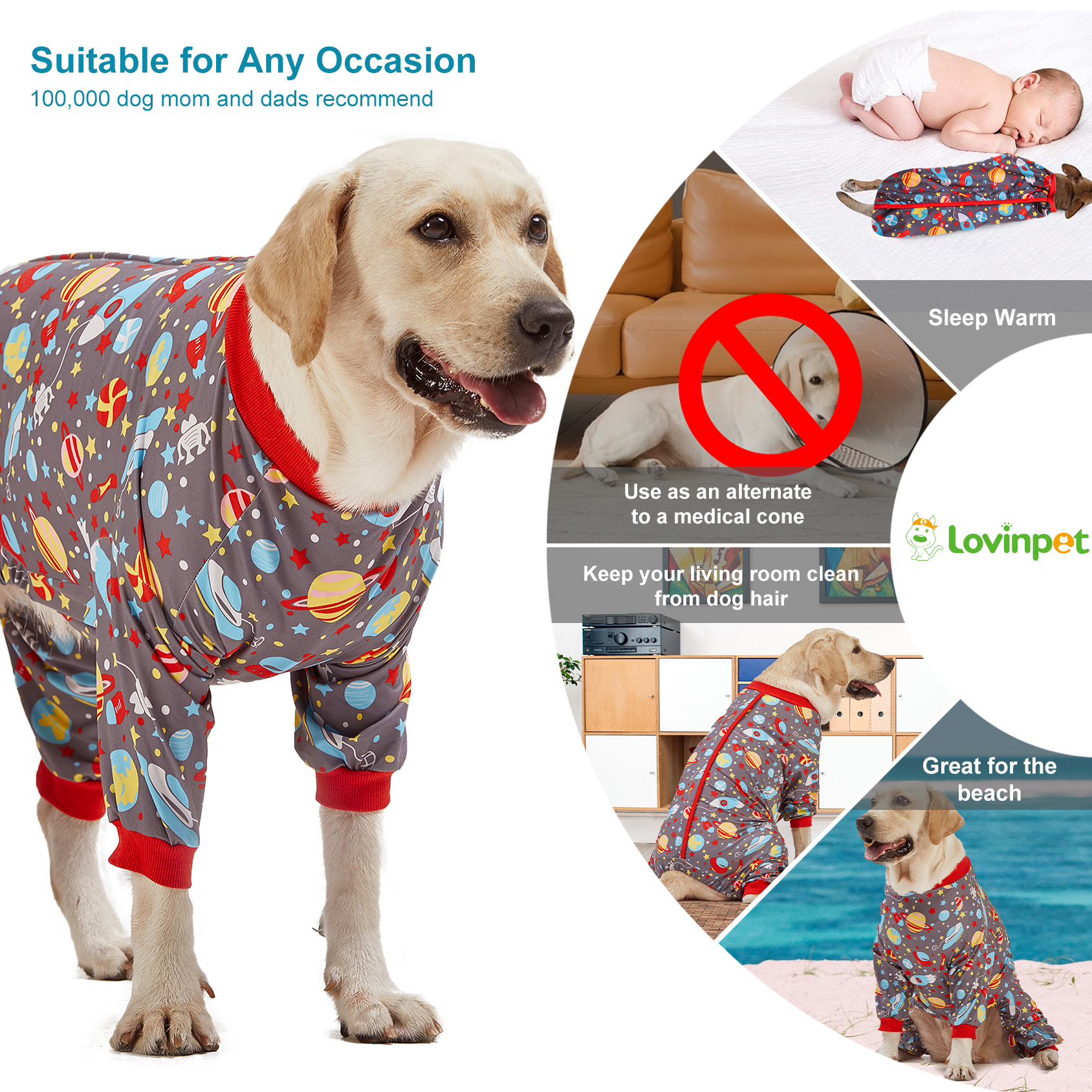 LovinPet Large Dog Pajamas Onesie - Space Exploration Theme for Big Breeds