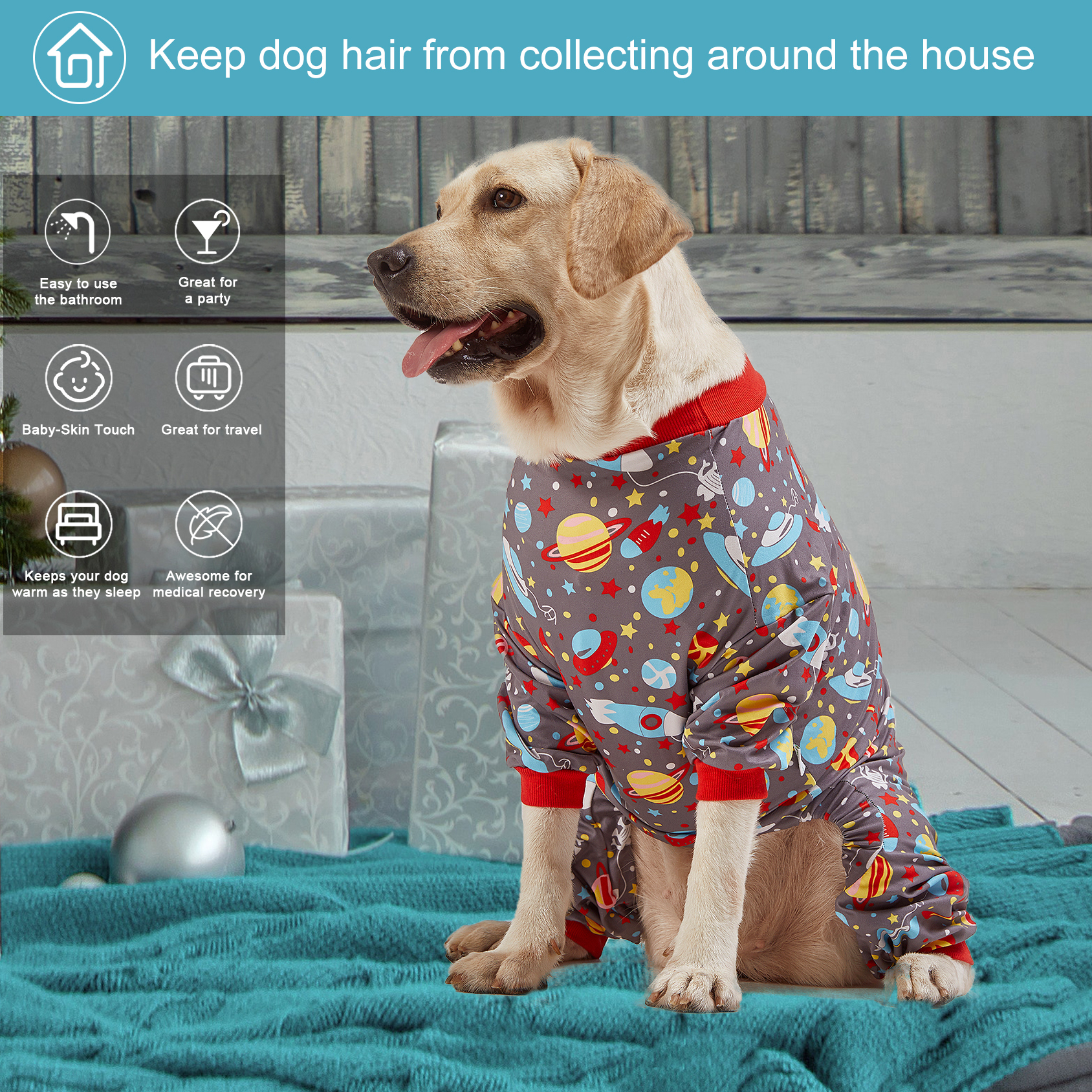 LovinPet Large Dog Pajamas Onesie - Space Exploration Theme for Big Breeds