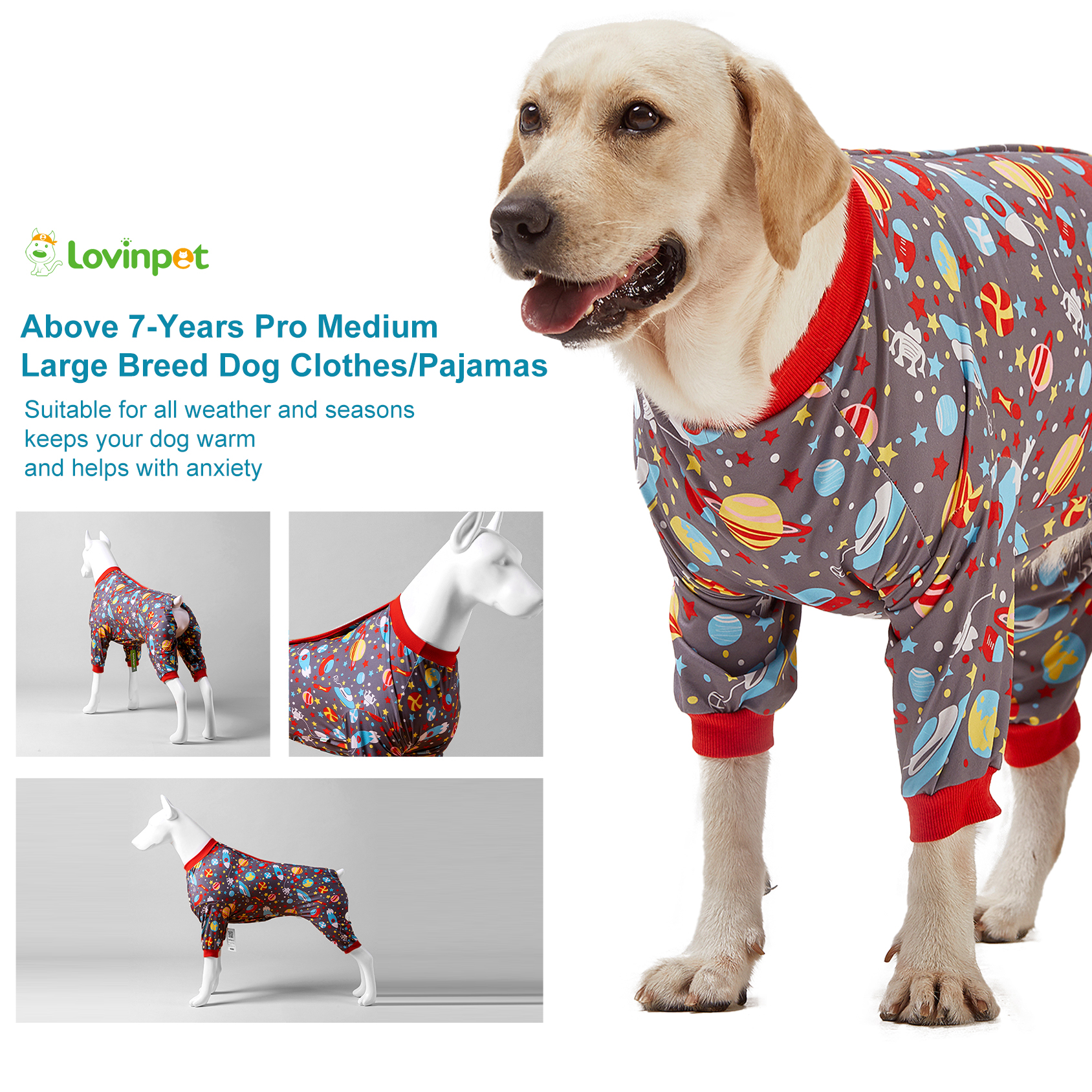LovinPet Large Dog Pajamas Onesie - Space Exploration Theme for Big Breeds