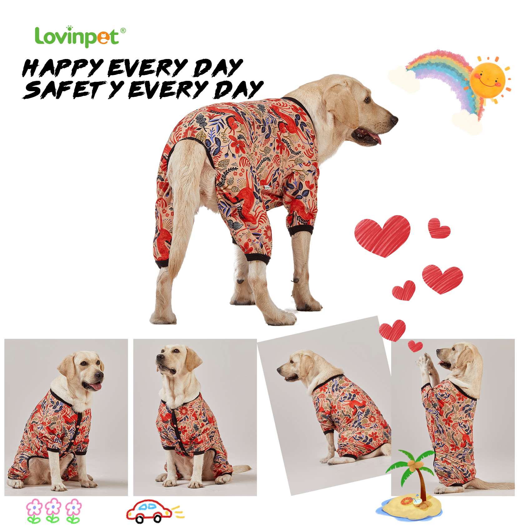 LovinPet Big Dog Pajama Onesie - Earthy Floral & Wildlife Design