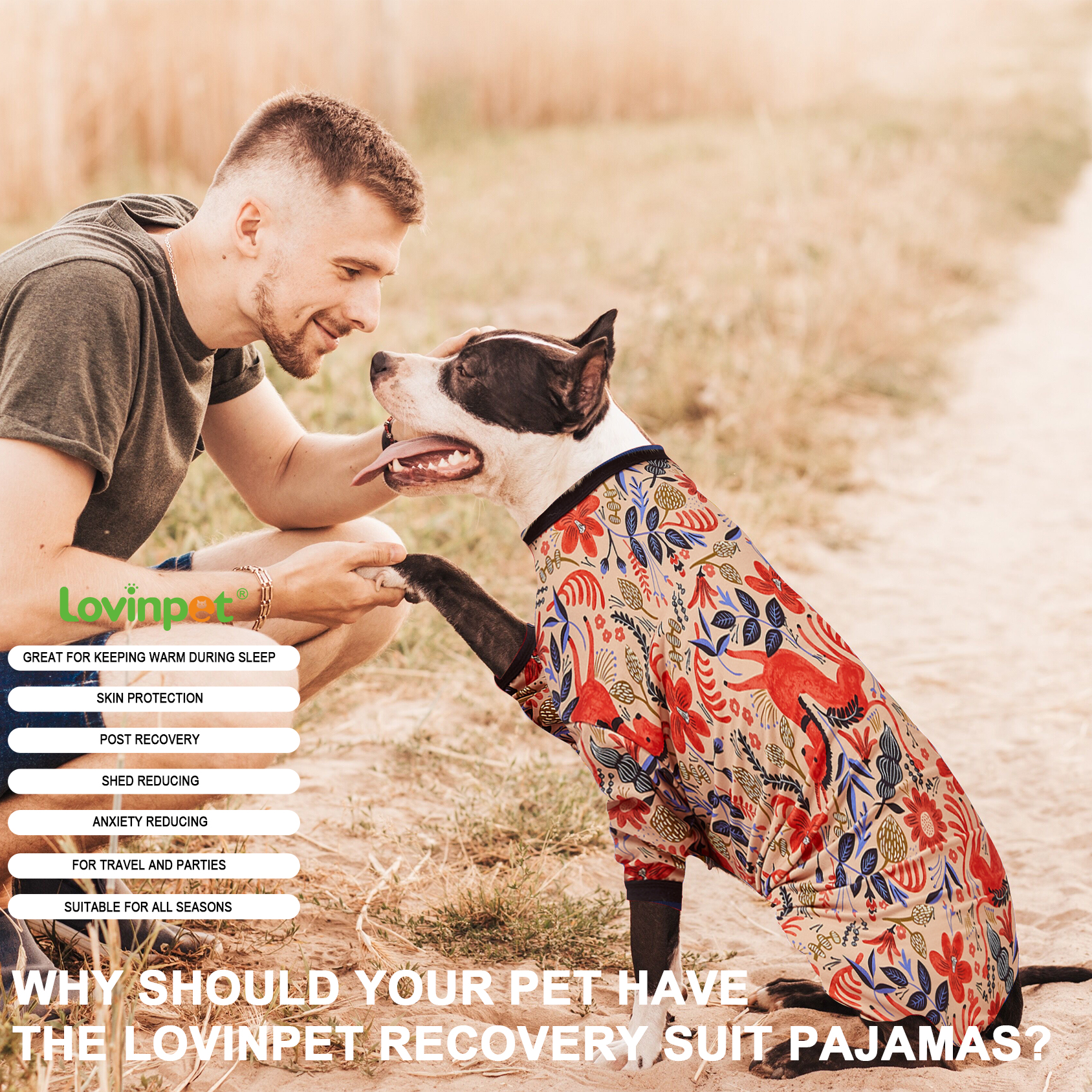 LovinPet Big Dog Pajama Onesie - Earthy Floral & Wildlife Design