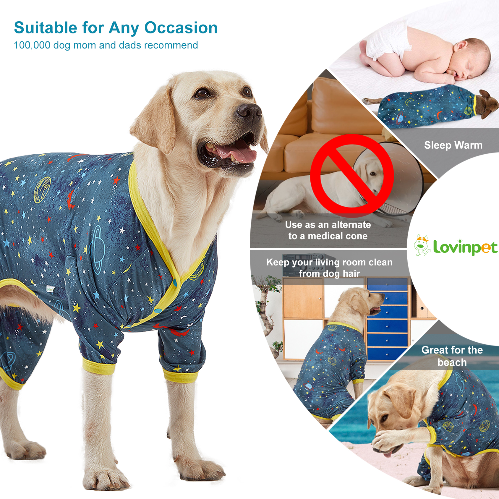 LovinPet Large Dog Pajama - Space Adventure with Planets and Stars