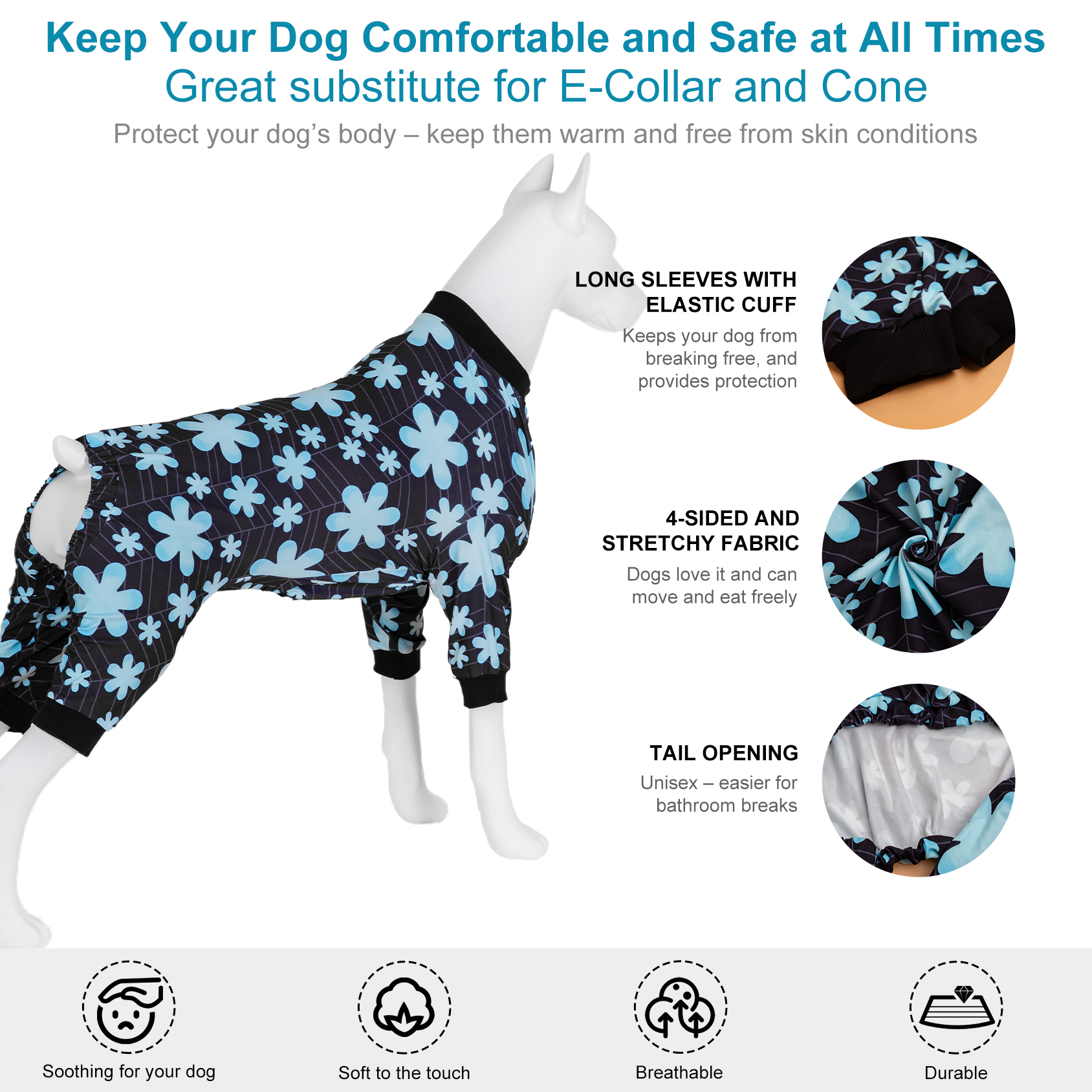 LovinPet Large Dog Pajama - Bold Mint Green Floral Print Pajamas for Large Dogs