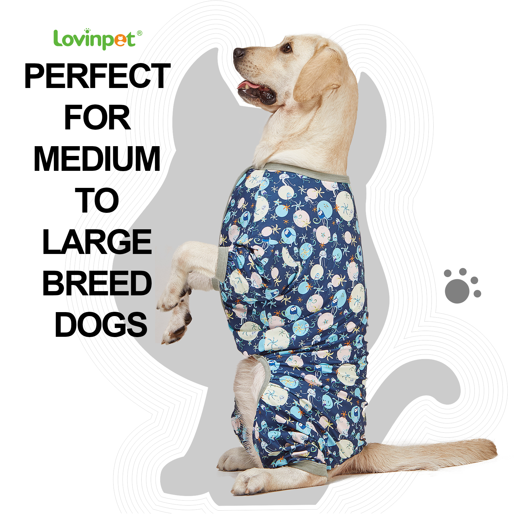 LovinPet Large Dog Pajama - Underwater Sea Creature Design Full-Body Pajamas with Blue Accents