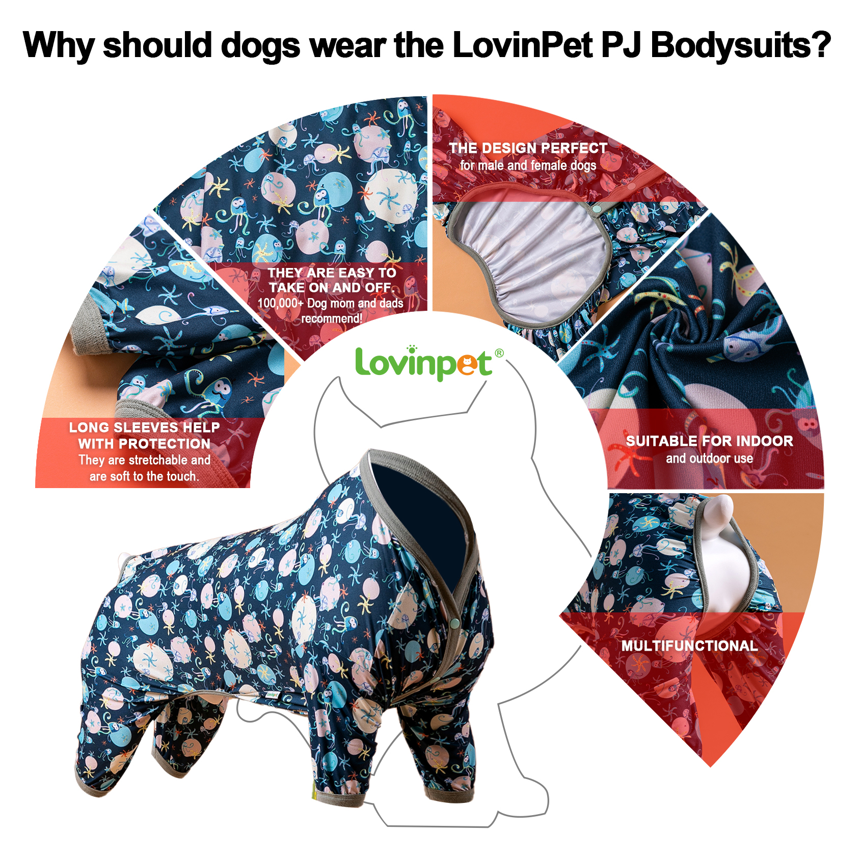 LovinPet Large Dog Pajama - Underwater Sea Creature Design Full-Body Pajamas with Blue Accents