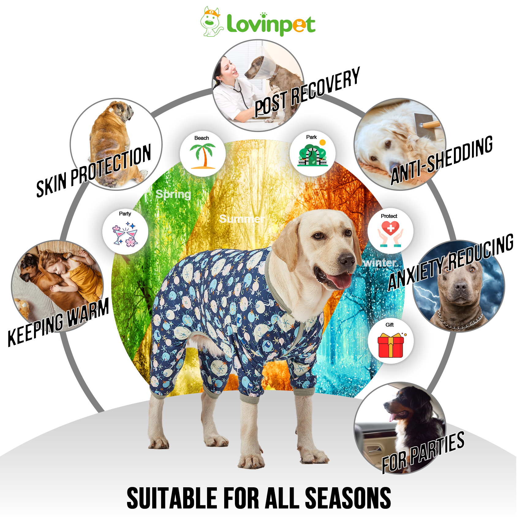 LovinPet Large Dog Pajama - Underwater Sea Creature Design Full-Body Pajamas with Blue Accents