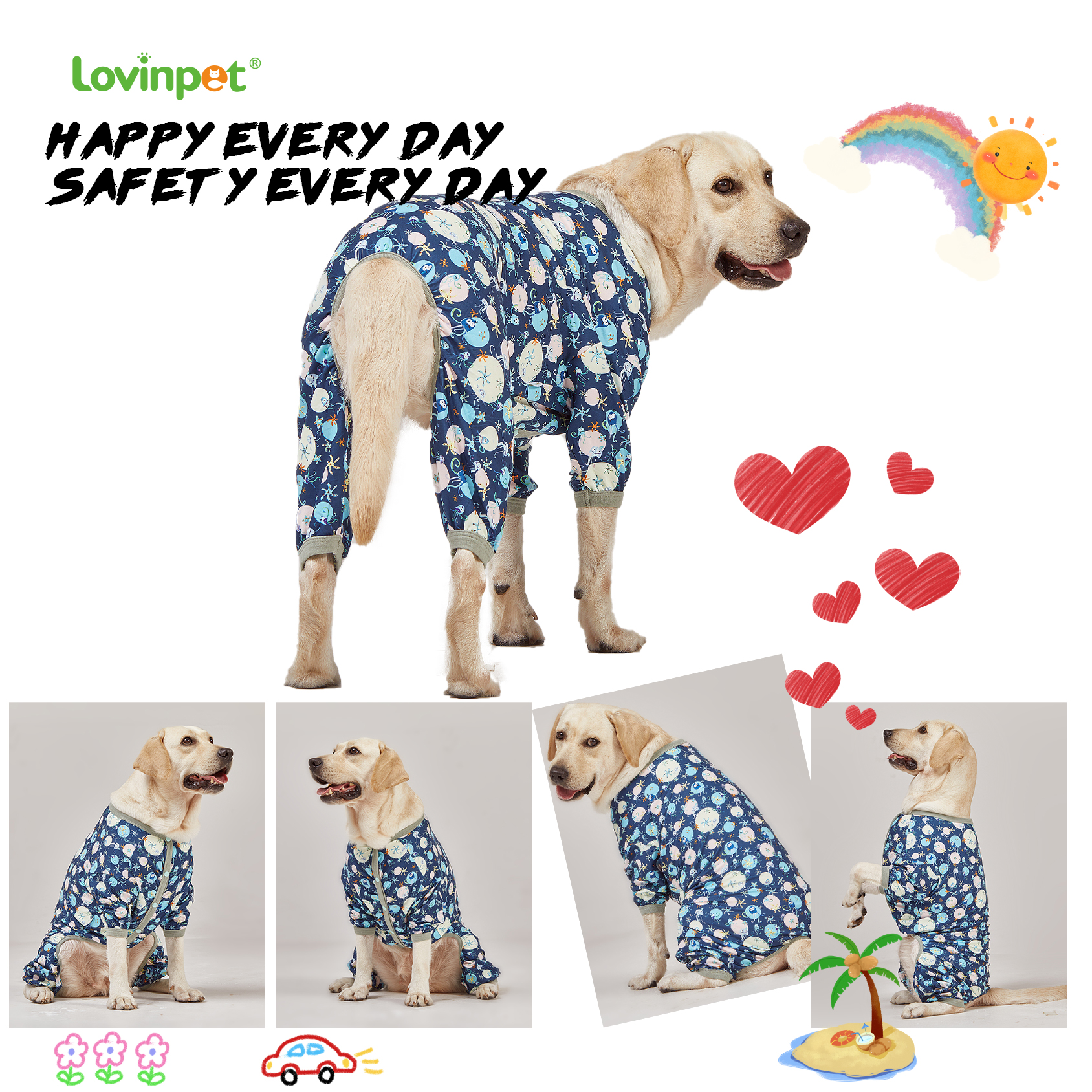LovinPet Large Dog Pajama - Underwater Sea Creature Design Full-Body Pajamas with Blue Accents