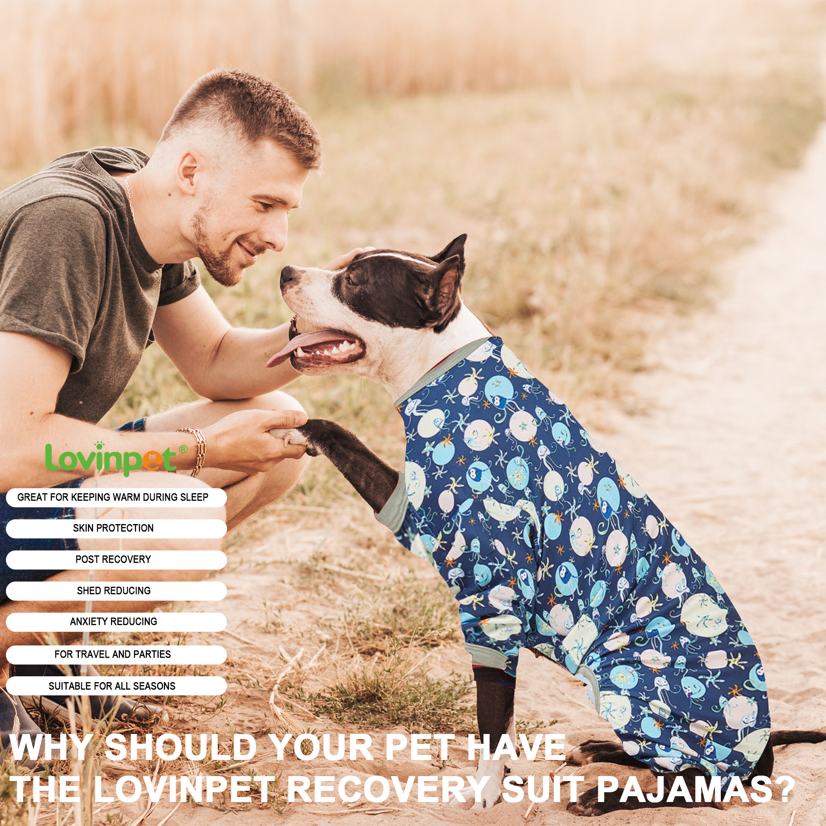 LovinPet Large Dog Pajama - Underwater Sea Creature Design Full-Body Pajamas with Blue Accents