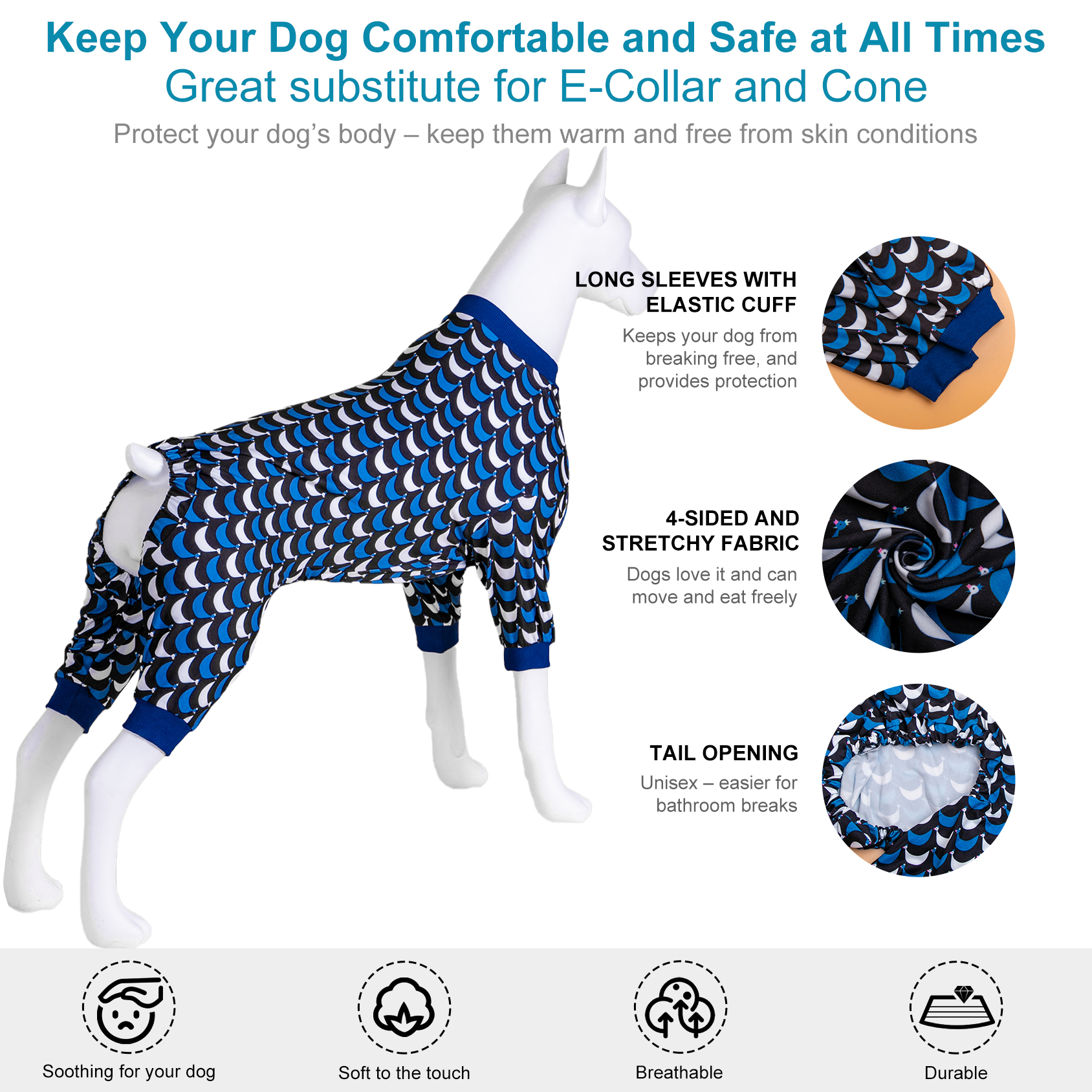 Comfy Blue Scale Design Great Dane Pajamas with Belly Protection