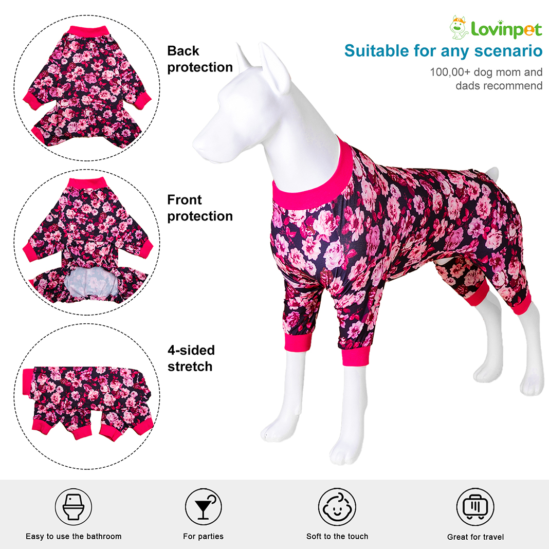 LovinPet Large Dog Pajama - Floral Pink Design Full-Body Cozy Sleepwear