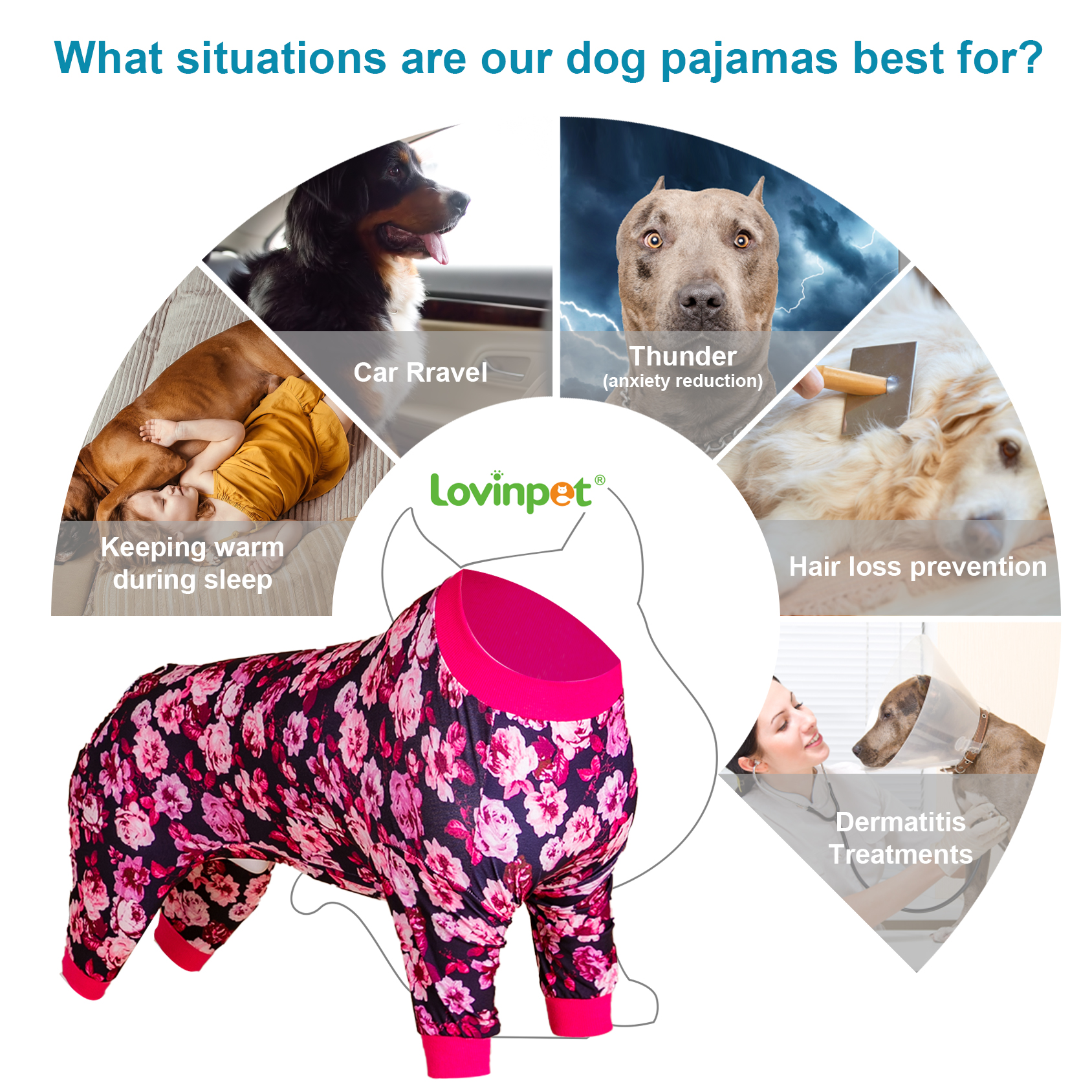 LovinPet Large Dog Pajama - Floral Pink Design Full-Body Cozy Sleepwear