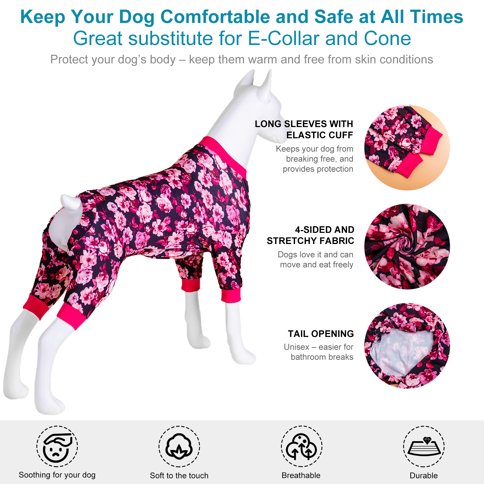 LovinPet Large Dog Pajama - Floral Pink Design Full-Body Cozy Sleepwear