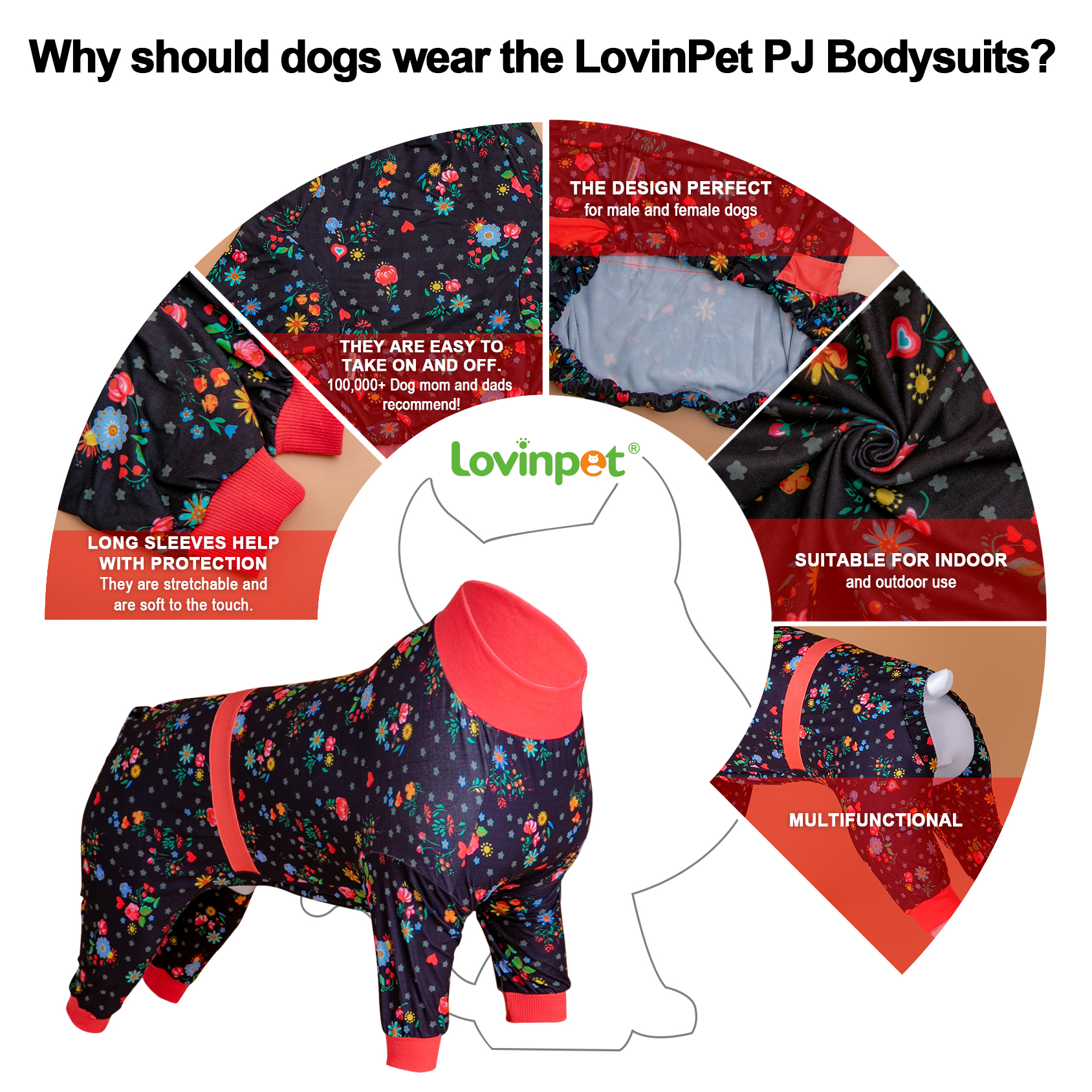 LovinPet Large Dog Pajamas Onesie - Wildflower Floral Design for Big Breeds