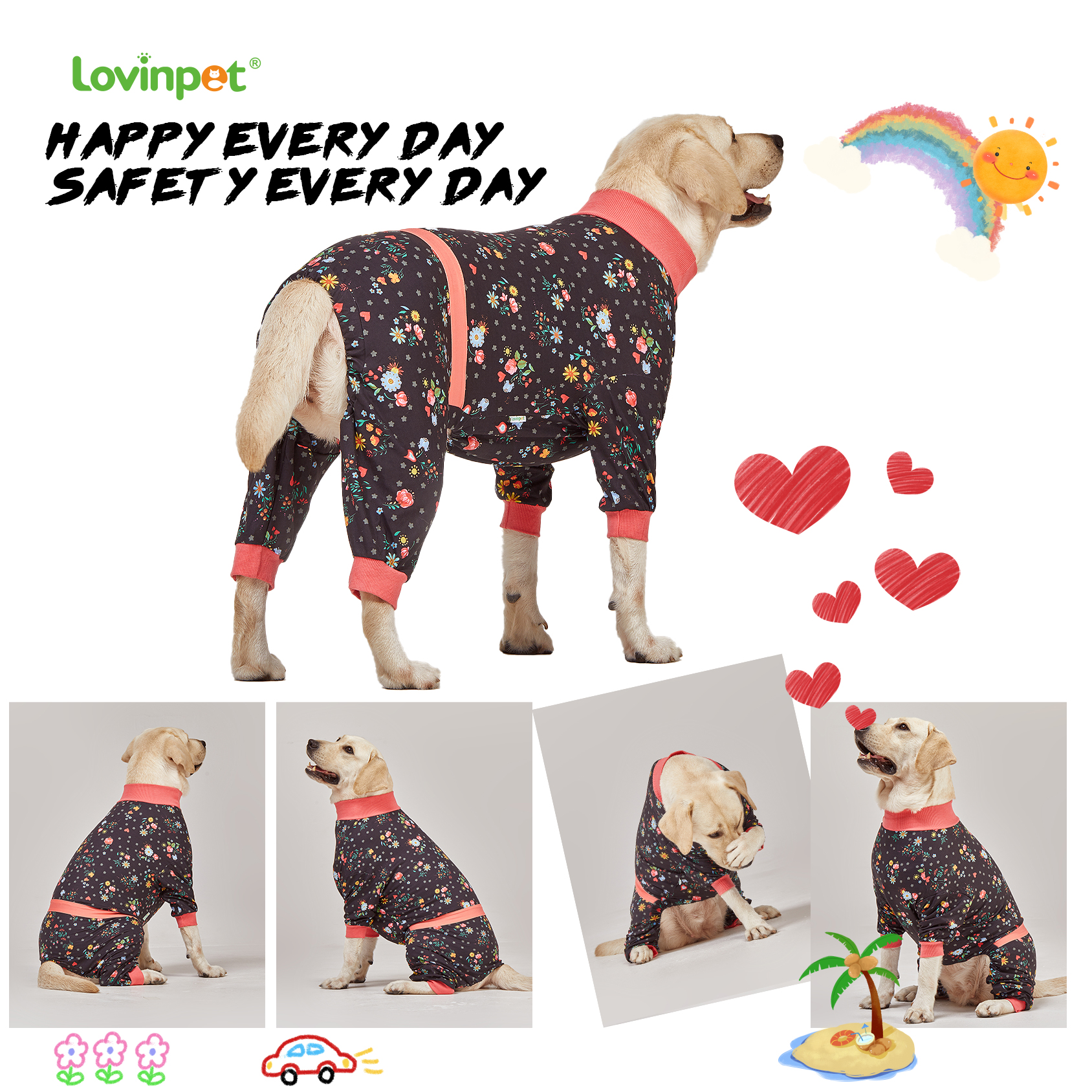 LovinPet Large Dog Pajamas Onesie - Wildflower Floral Design for Big Breeds