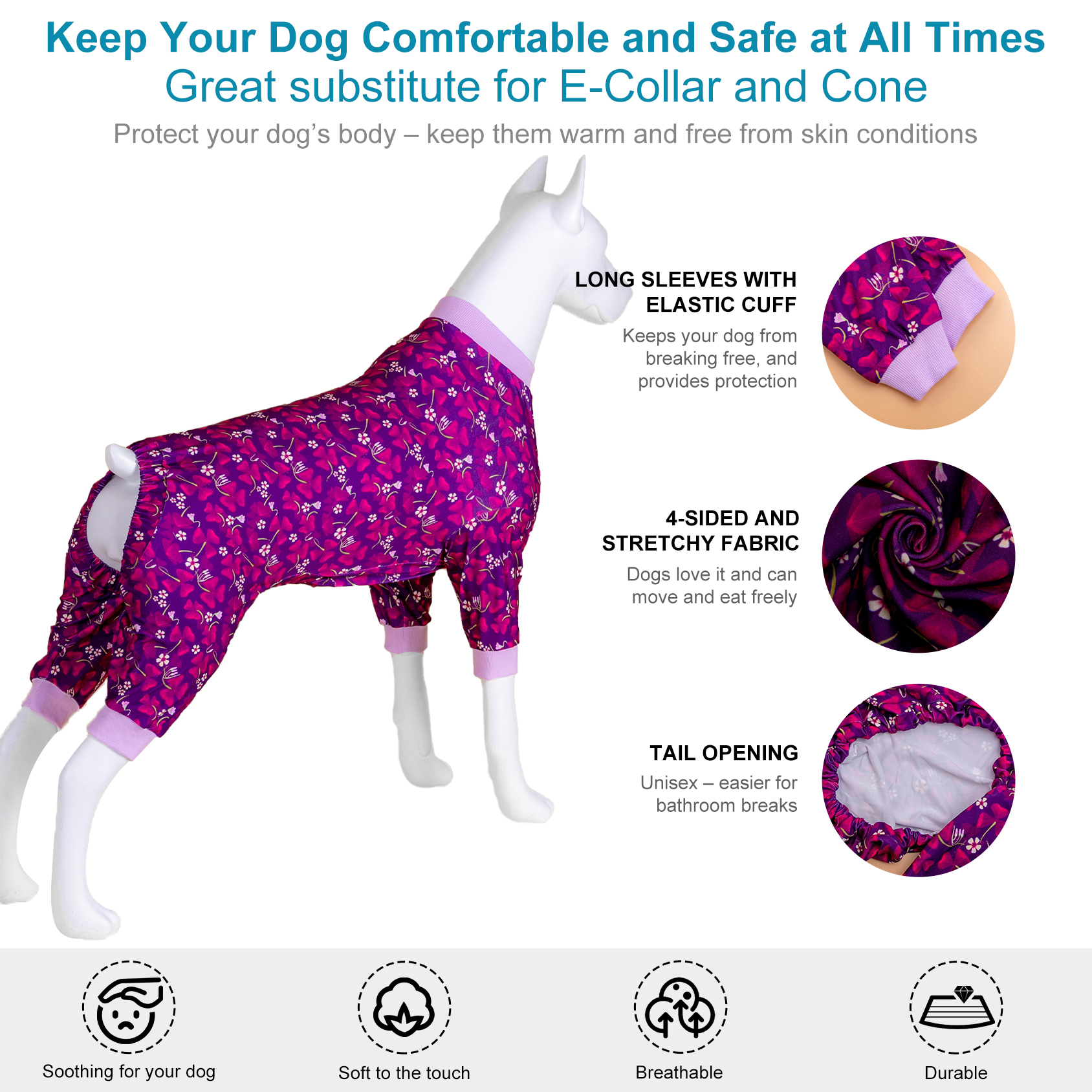 LovinPet Large Dog Pajama - Purple Floral Print Pajamas for Large Dogs