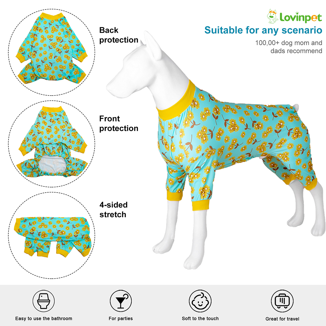 LovinPet Large Dog Pajamas Onesie - Light Blue Floral Sleepwear for Big Dogs