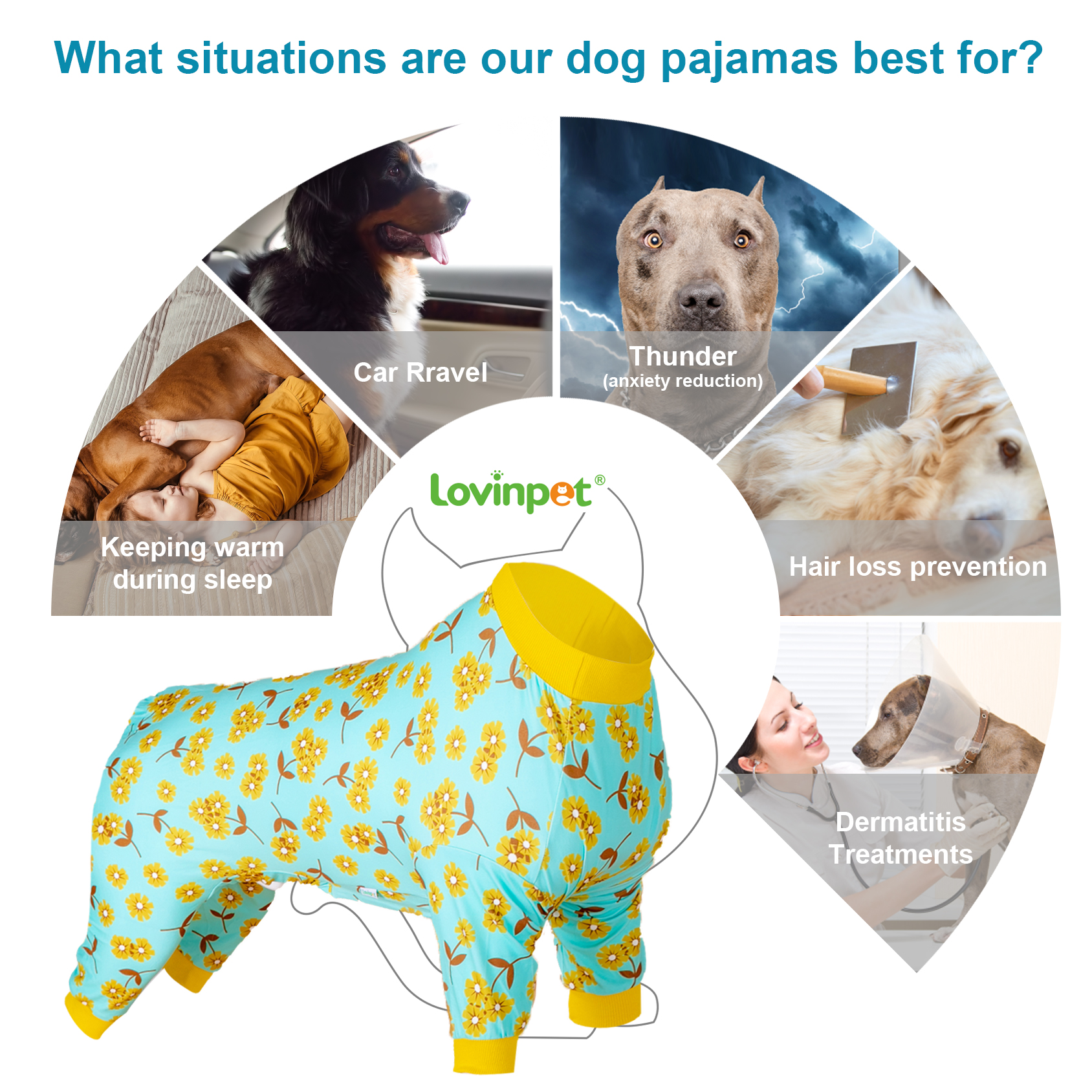 LovinPet Large Dog Pajamas Onesie - Light Blue Floral Sleepwear for Big Dogs