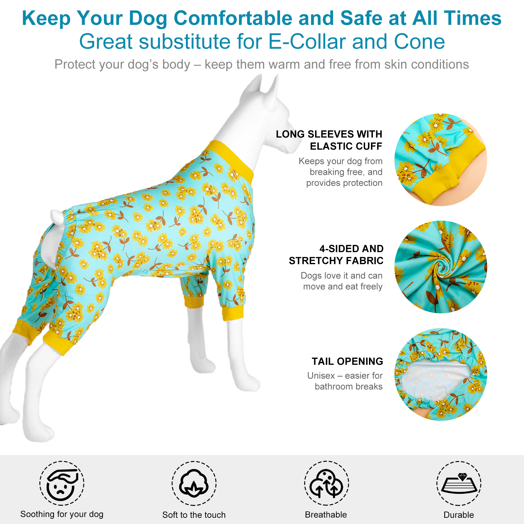 LovinPet Large Dog Pajamas Onesie - Light Blue Floral Sleepwear for Big Dogs