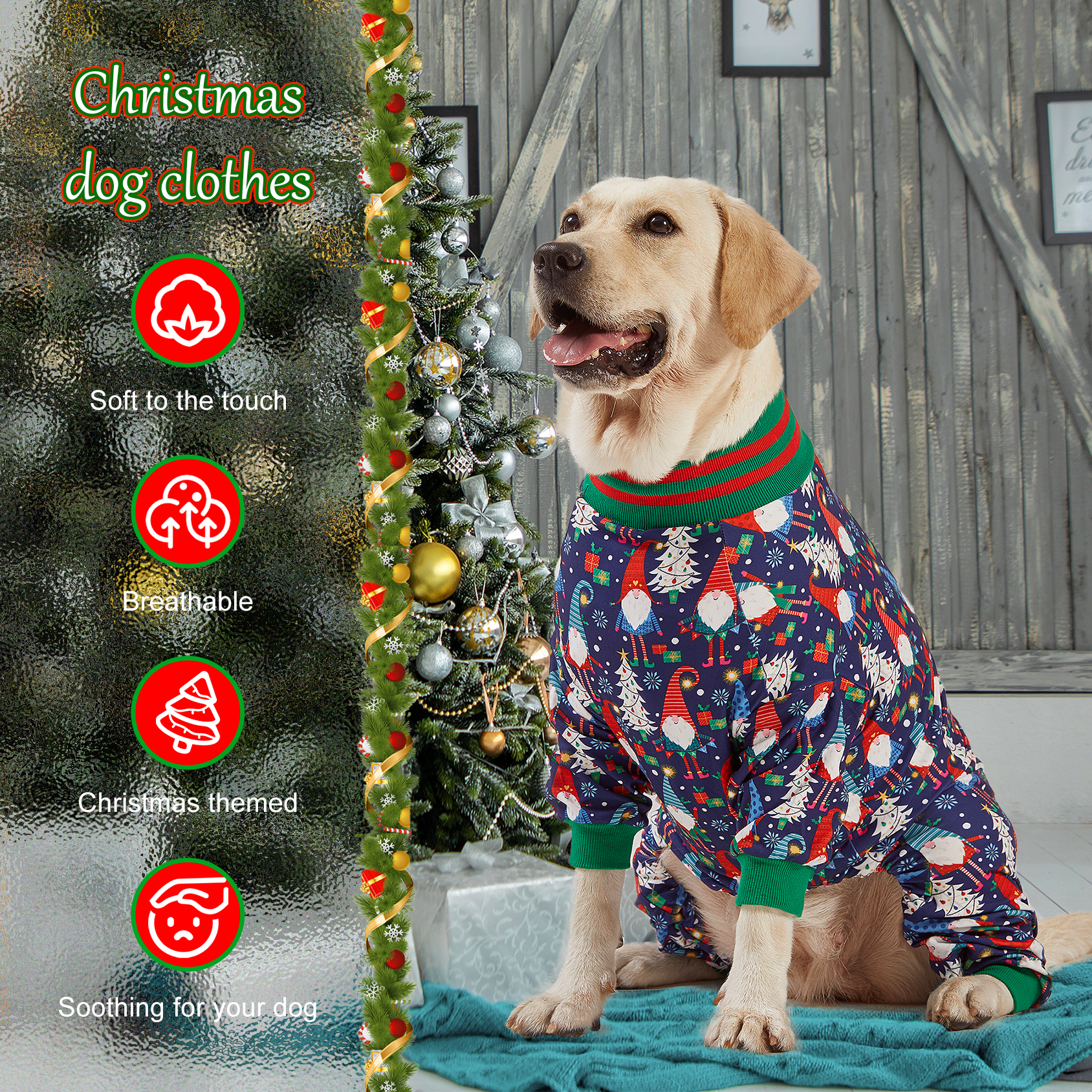 LovinPet Large Dog Pajamas Onesie - Santa and Christmas Tree Design for Big Breeds