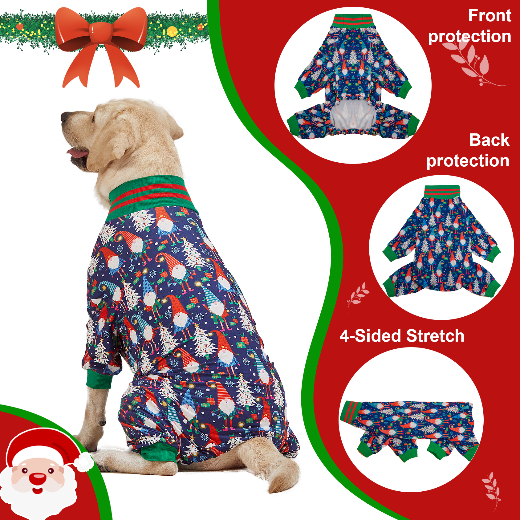 LovinPet Large Dog Pajamas Onesie - Santa and Christmas Tree Design for Big Breeds