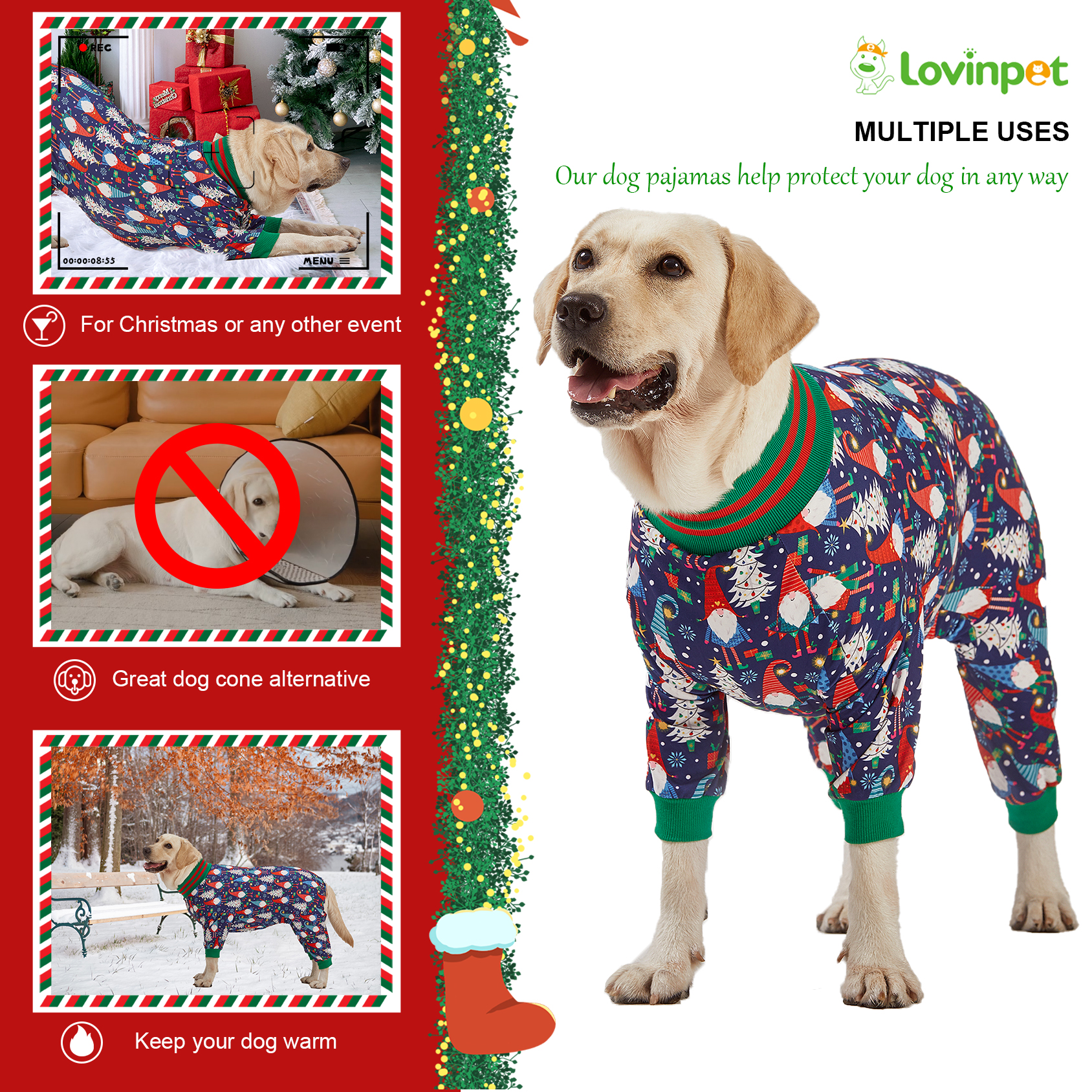 LovinPet Large Dog Pajamas Onesie - Santa and Christmas Tree Design for Big Breeds