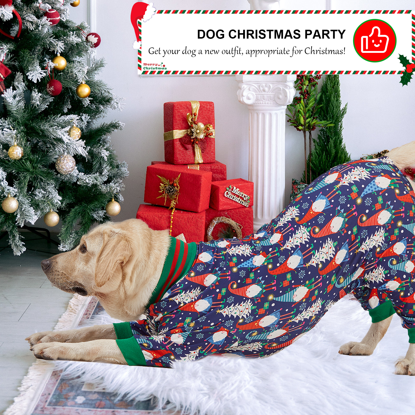 LovinPet Large Dog Pajamas Onesie - Santa and Christmas Tree Design for Big Breeds