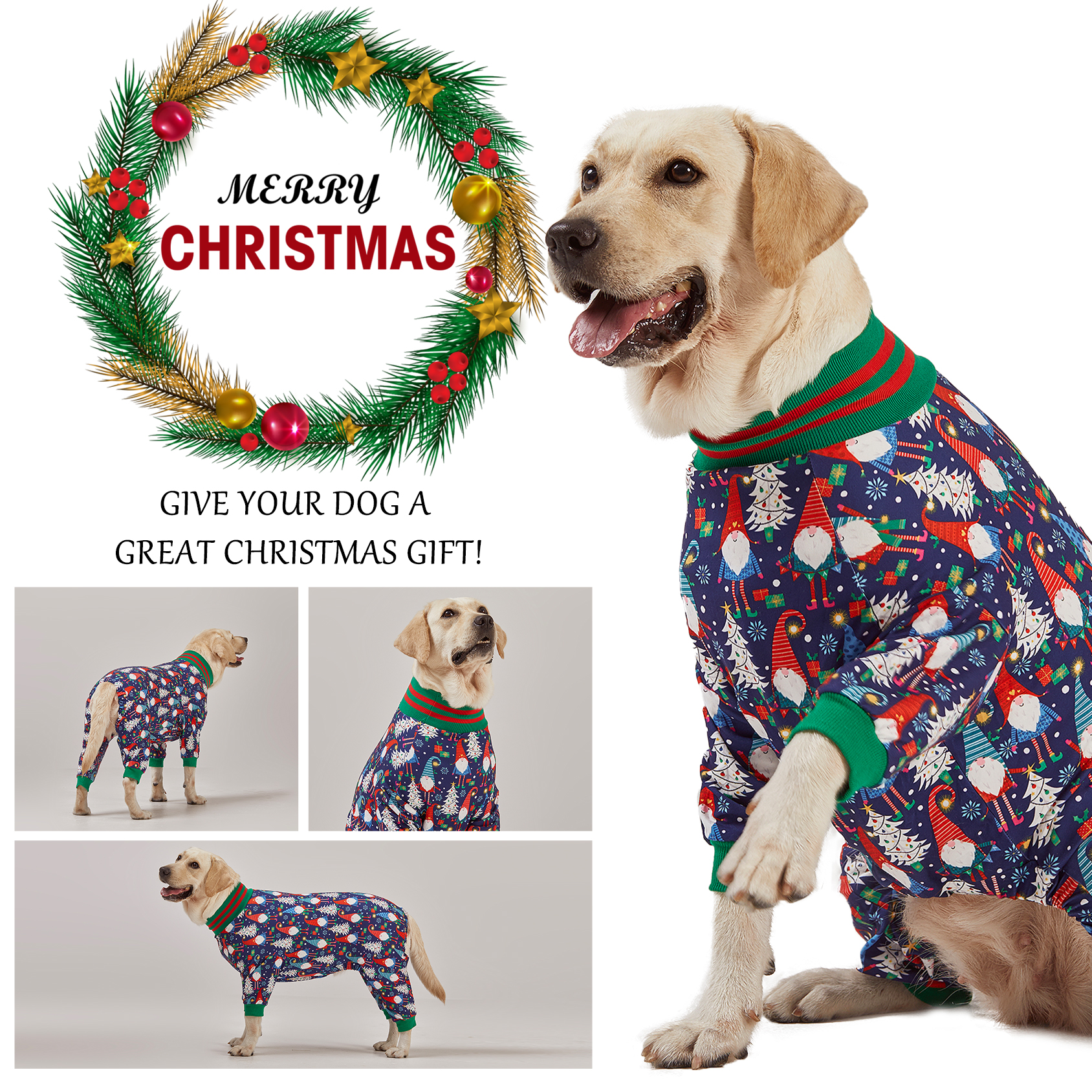 LovinPet Large Dog Pajamas Onesie - Santa and Christmas Tree Design for Big Breeds