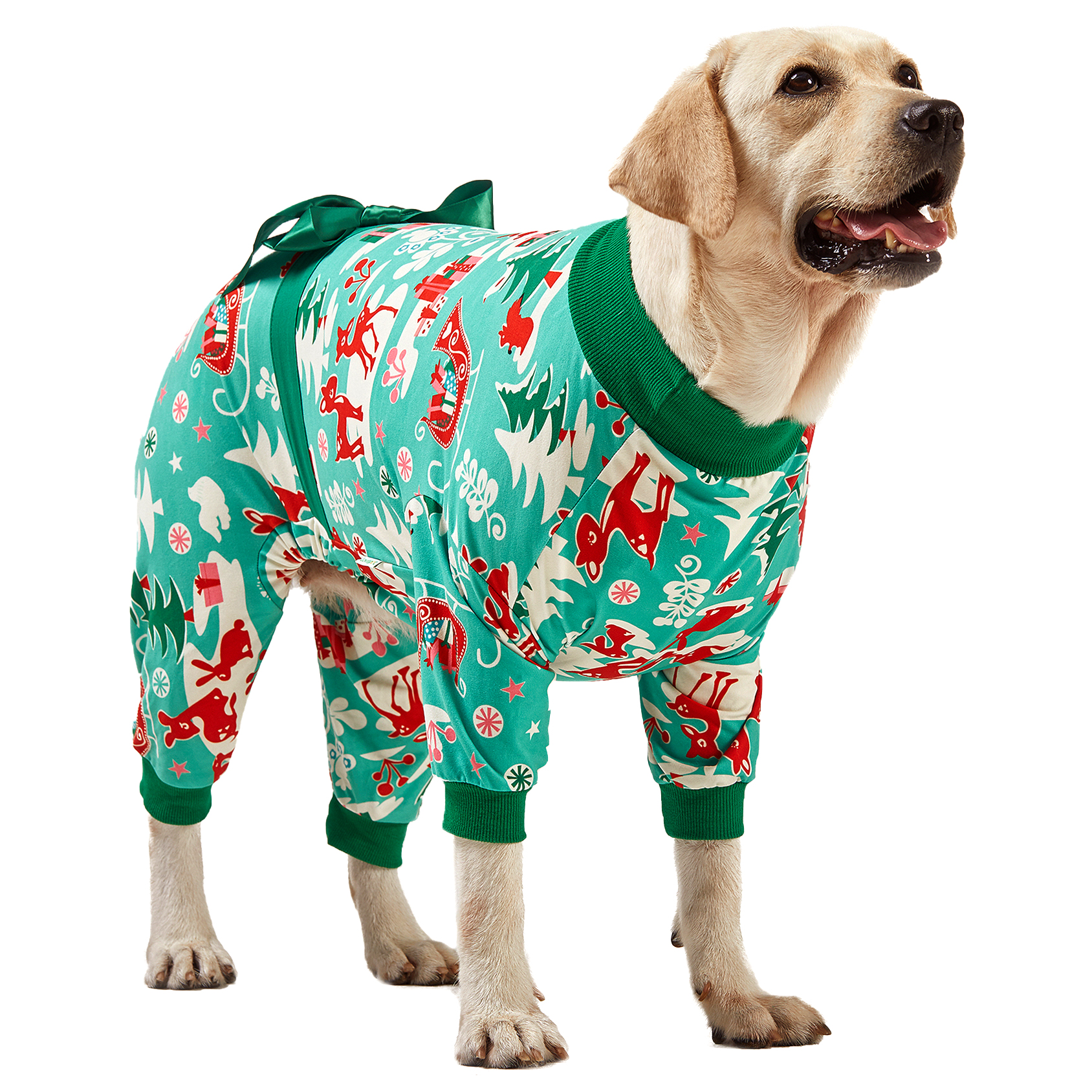 LovinPet Large Dog Pajamas Onesie - Reindeer and Green Christmas Bow Design for Big Breeds