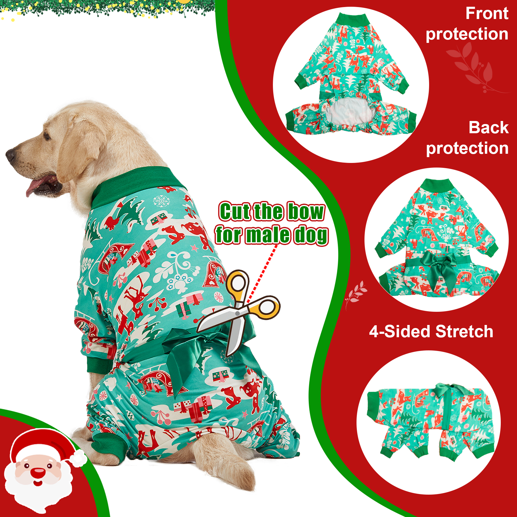 LovinPet Large Dog Pajamas Onesie - Reindeer and Green Christmas Bow Design for Big Breeds