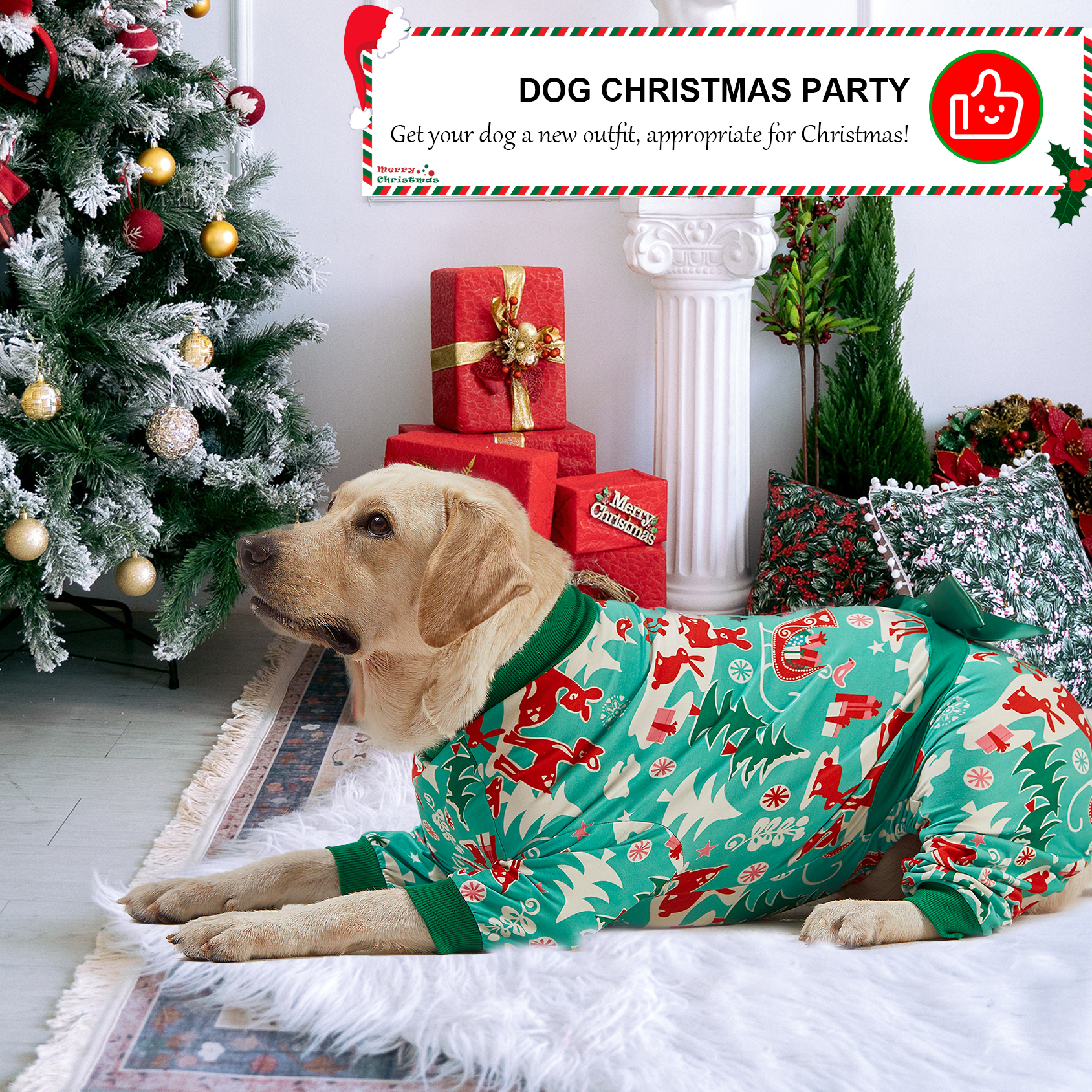 LovinPet Large Dog Pajamas Onesie - Reindeer and Green Christmas Bow Design for Big Breeds