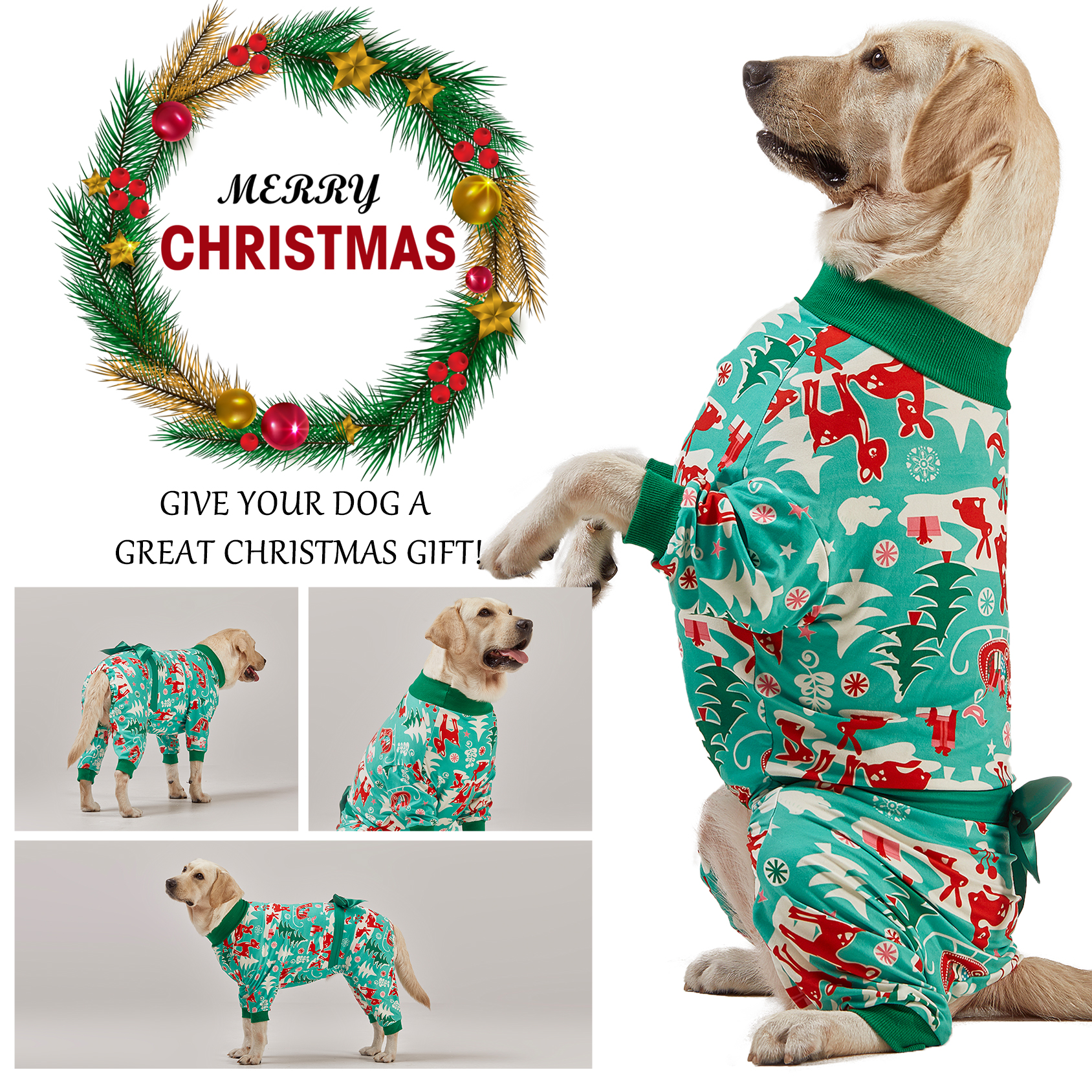 LovinPet Large Dog Pajamas Onesie - Reindeer and Green Christmas Bow Design for Big Breeds