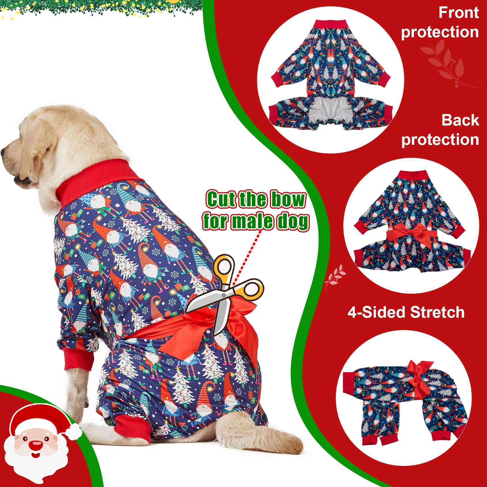 LovinPet Large Dog Pajamas Onesie - Festive Christmas Bow Design for Big Breeds