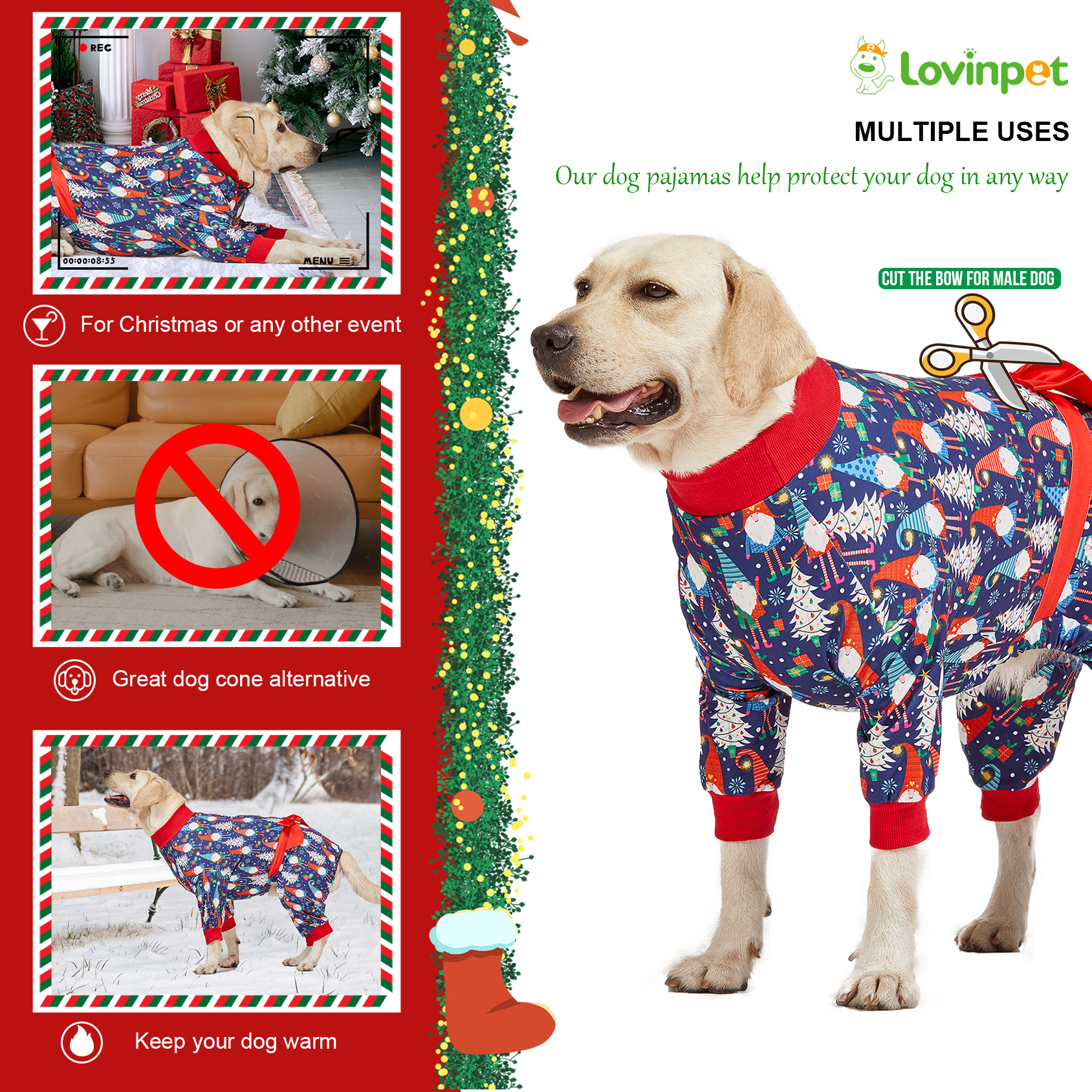LovinPet Large Dog Pajamas Onesie - Festive Christmas Bow Design for Big Breeds