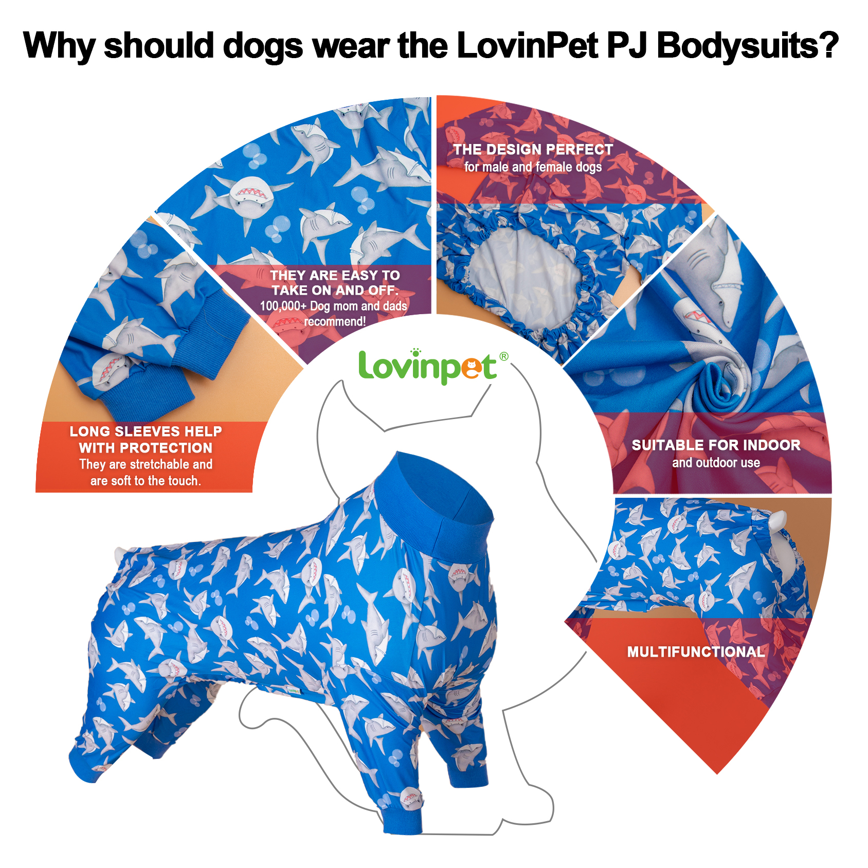 LovinPet Large Dog Pajama - Shark Adventure Ocean-Themed Sleepwear