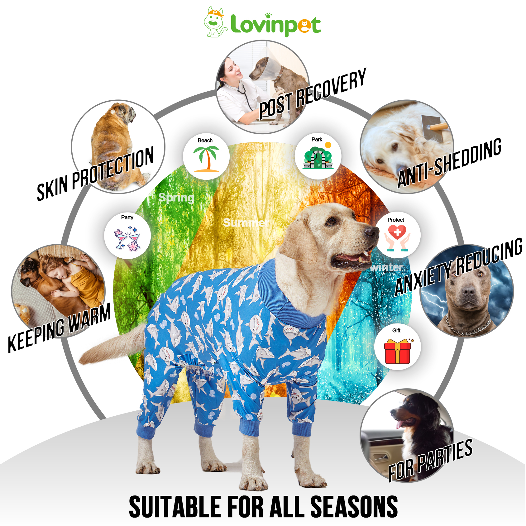 LovinPet Large Dog Pajama - Shark Adventure Ocean-Themed Sleepwear