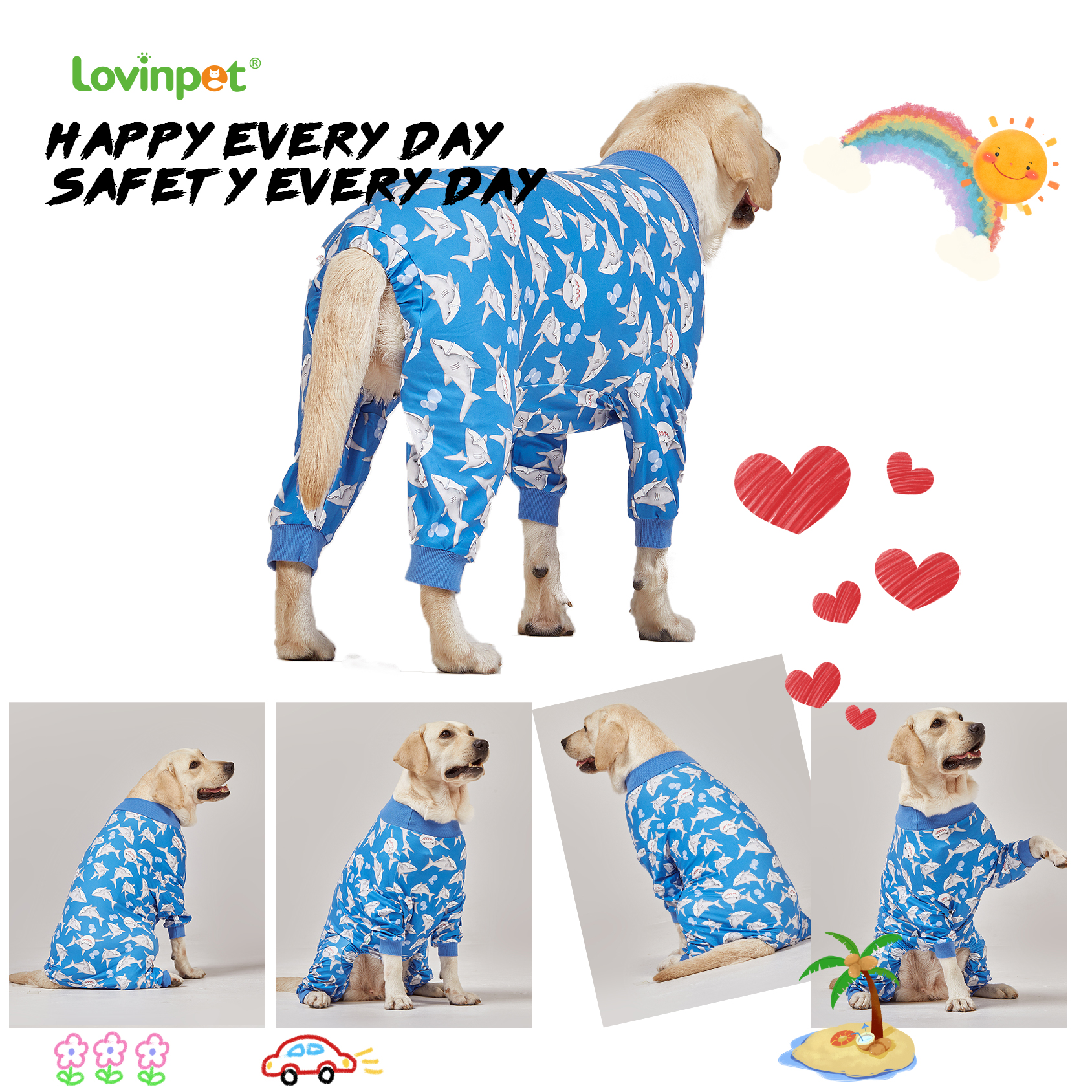 LovinPet Large Dog Pajama - Shark Adventure Ocean-Themed Sleepwear