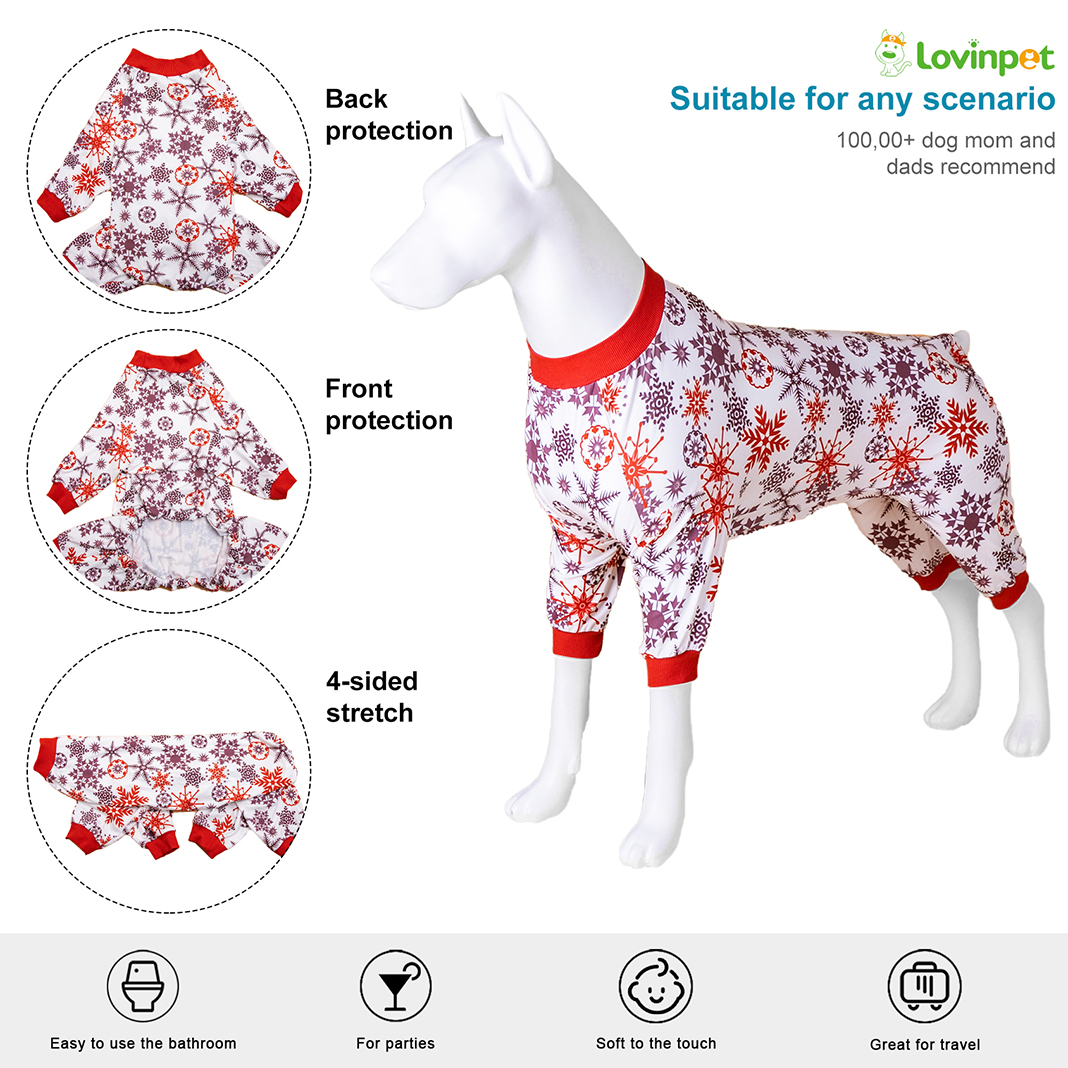 LovinPet Large Dog Pajamas Onesie - Cozy Snowflake Design with Red Trim