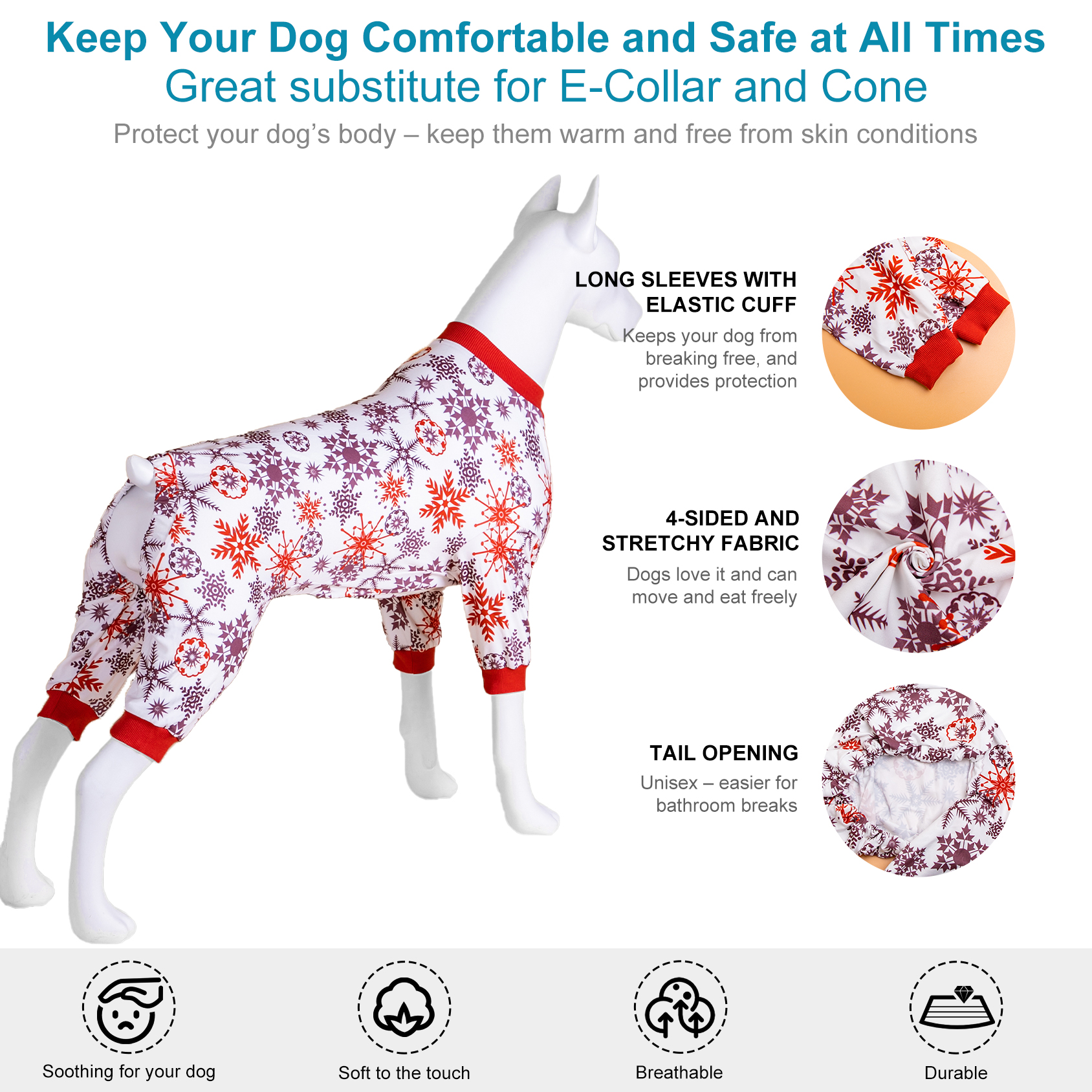LovinPet Large Dog Pajamas Onesie - Cozy Snowflake Design with Red Trim