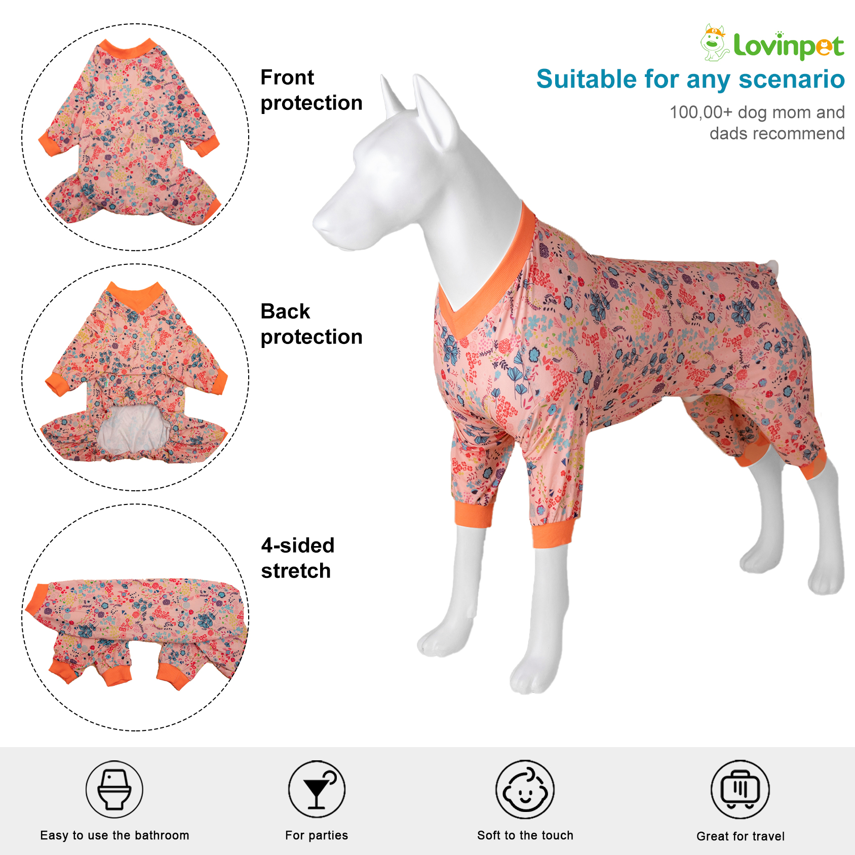 LovinPet Large Dog Pajama - Delicate Floral Peach Pink Design Full-Body Sleepwear